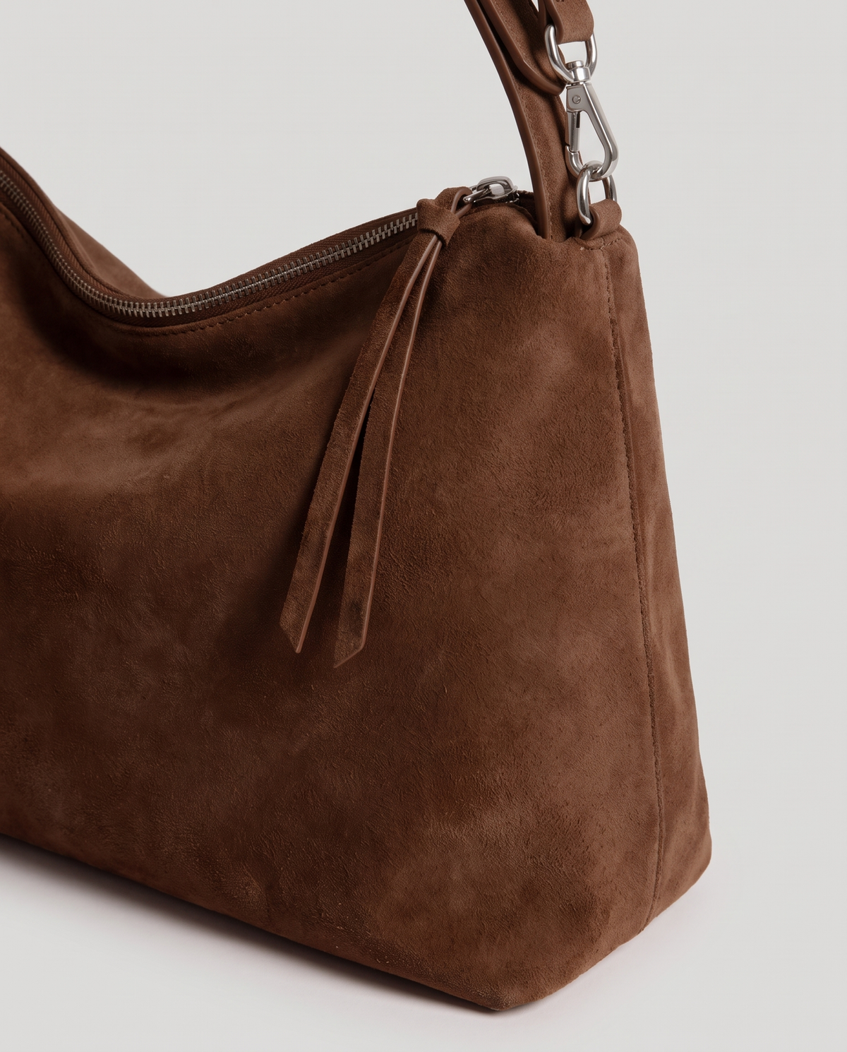Cima suede shoulder bag in chocolate, hardware and leather detail