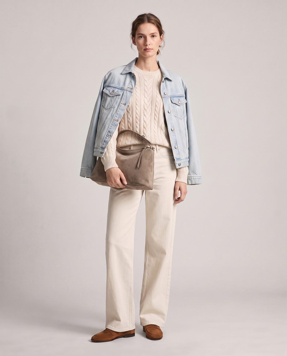 Model with the Cima suede shoulder bag in grey, full length