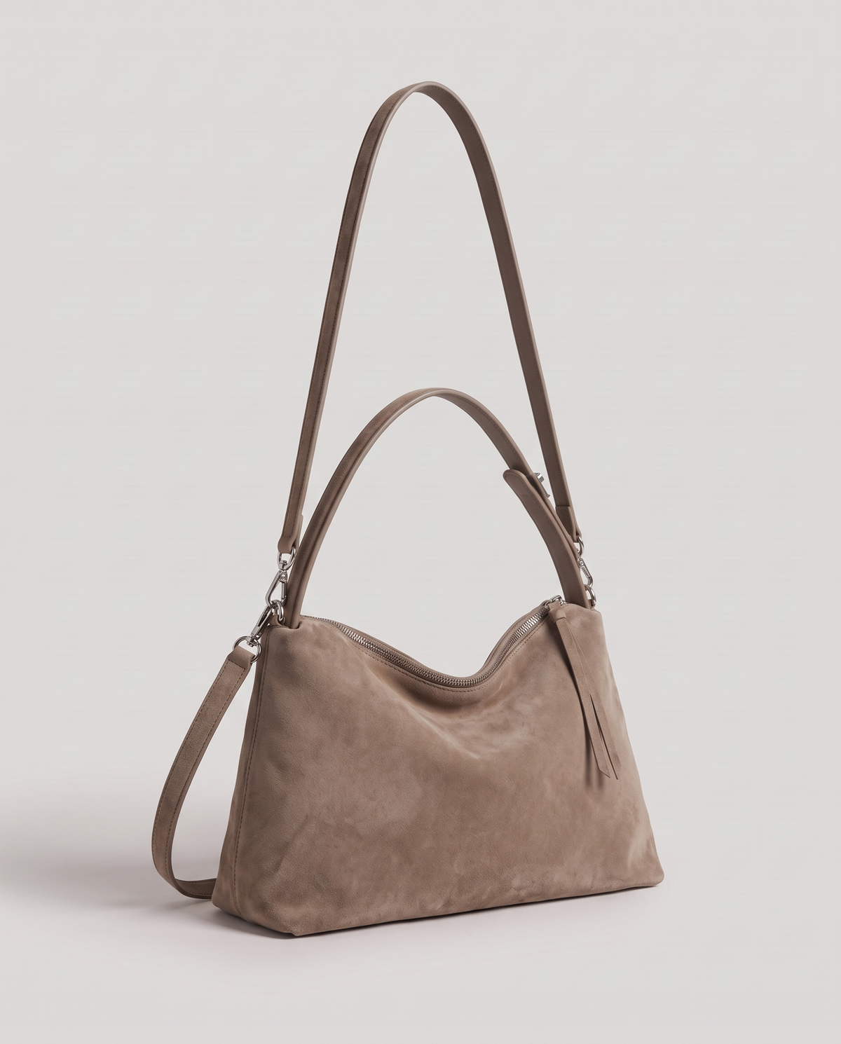 Cima suede shoulder bag in grey, three-quarter view