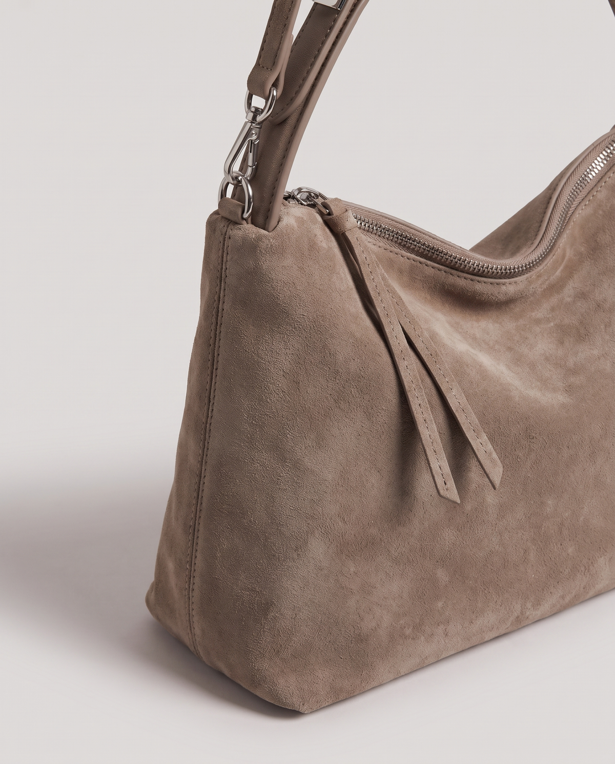 Cima suede shoulder bag in grey, hardware and leather detail