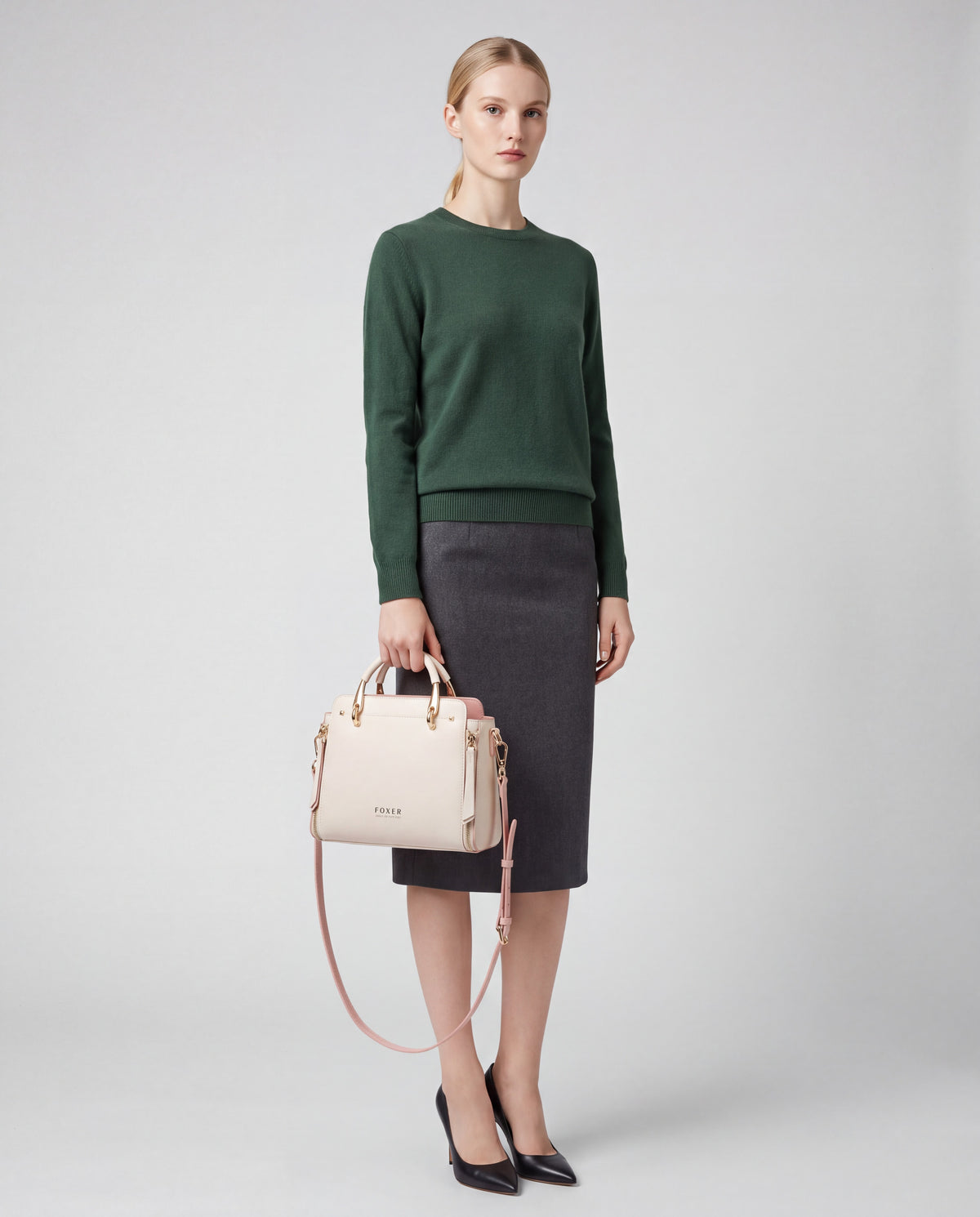 Contrast bag in Chalk – worn by model, full length