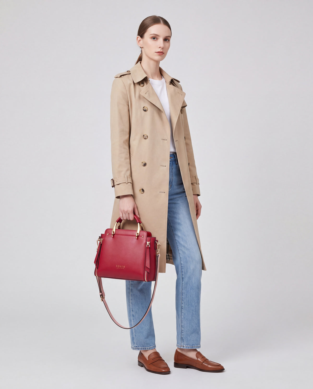 Contrast bag in Red – worn by model, full length