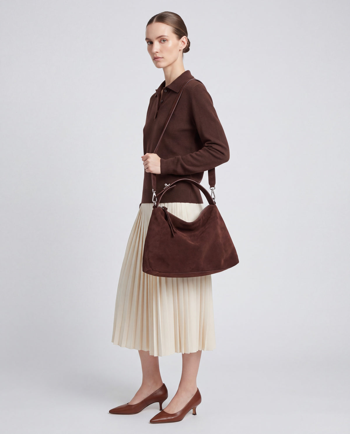 Corso bag in Chocolate – worn by model, close-up