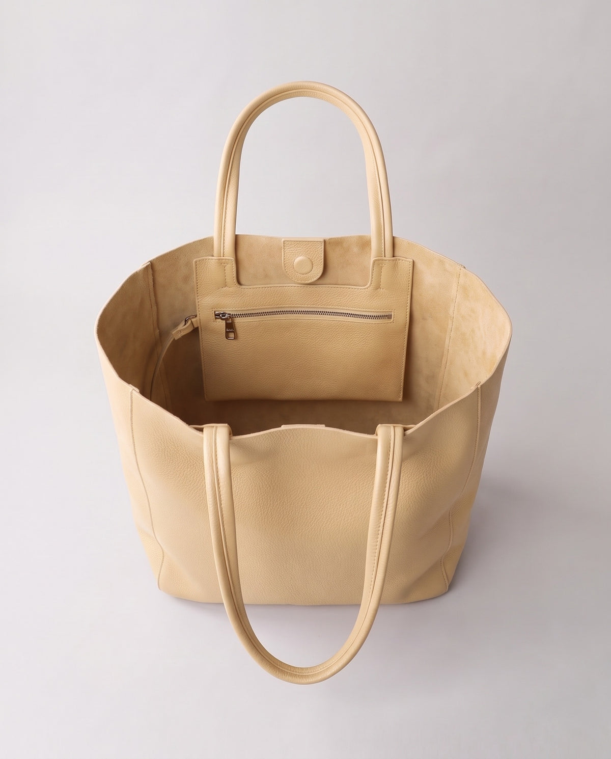 Costa leather tote in cream, open showing interior