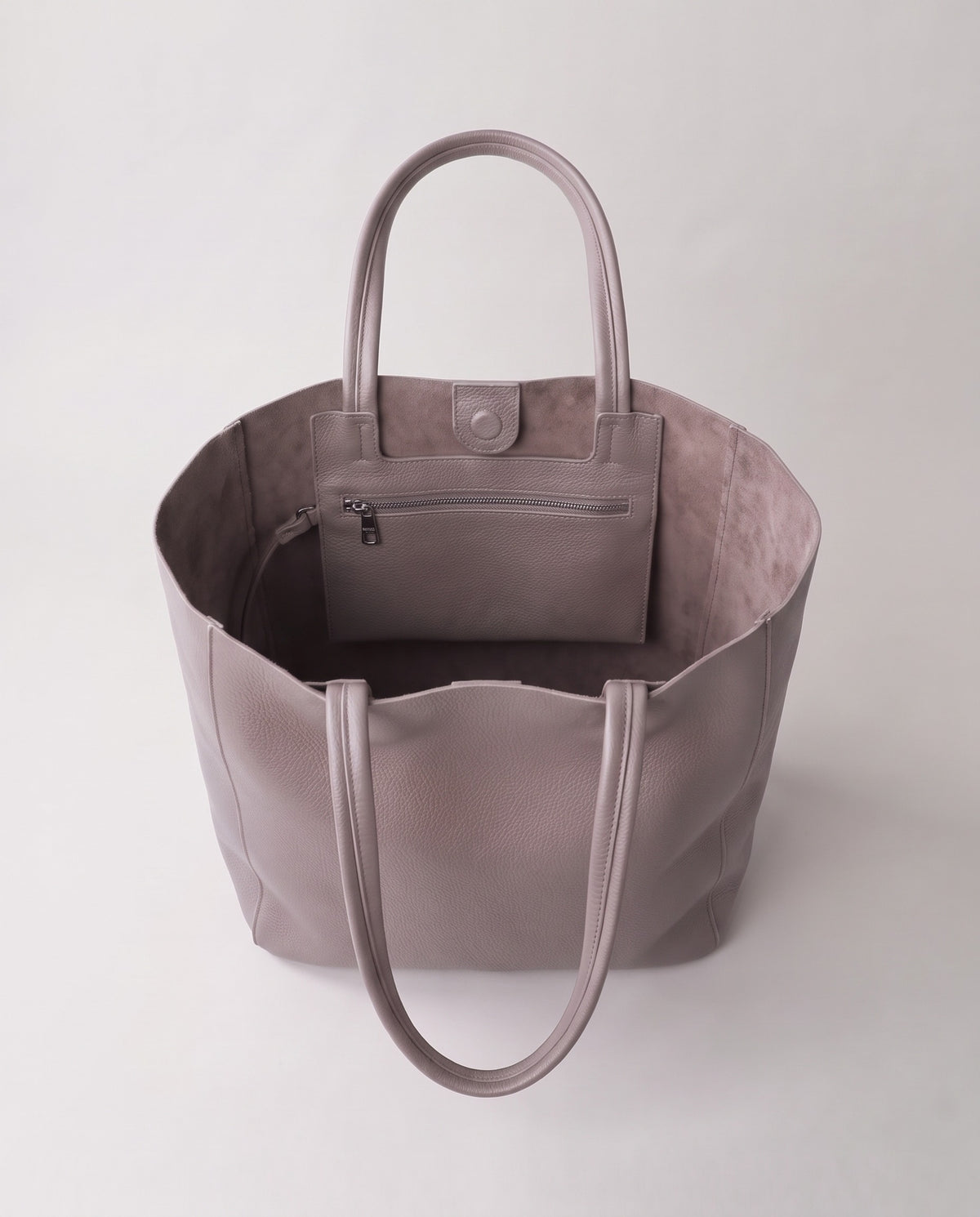 Costa leather tote in grey, open showing interior