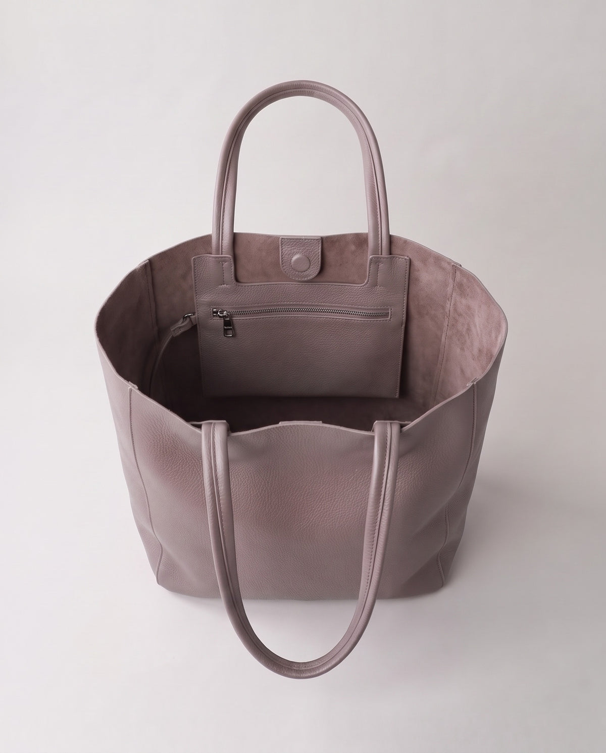 Costa leather tote in mauve, open showing interior