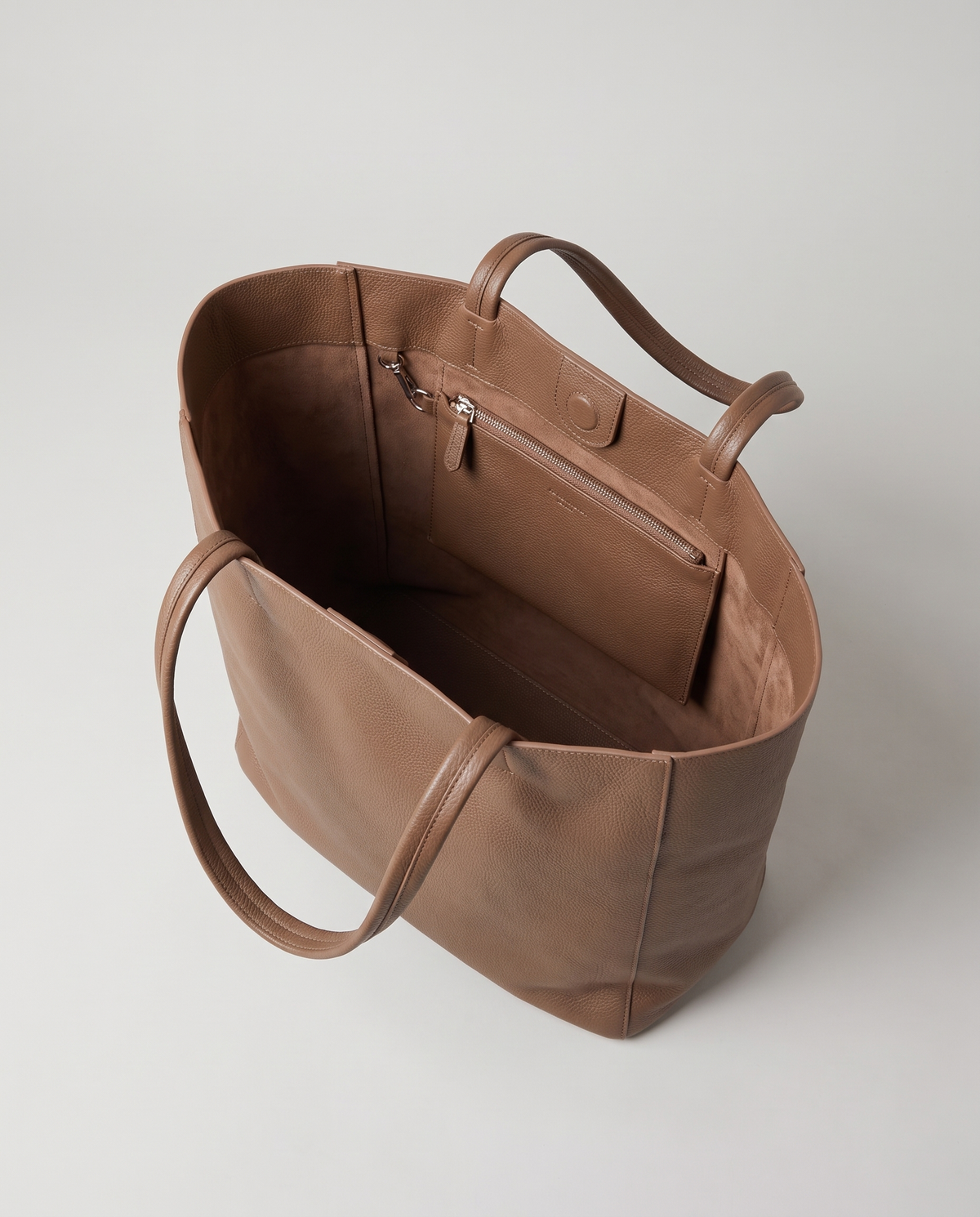 Costa leather tote in mocha, open showing interior