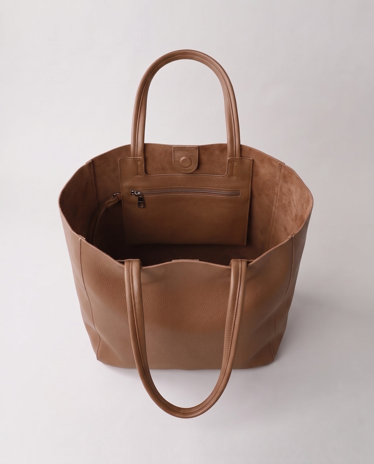 Costa leather tote in taupe, open showing interior