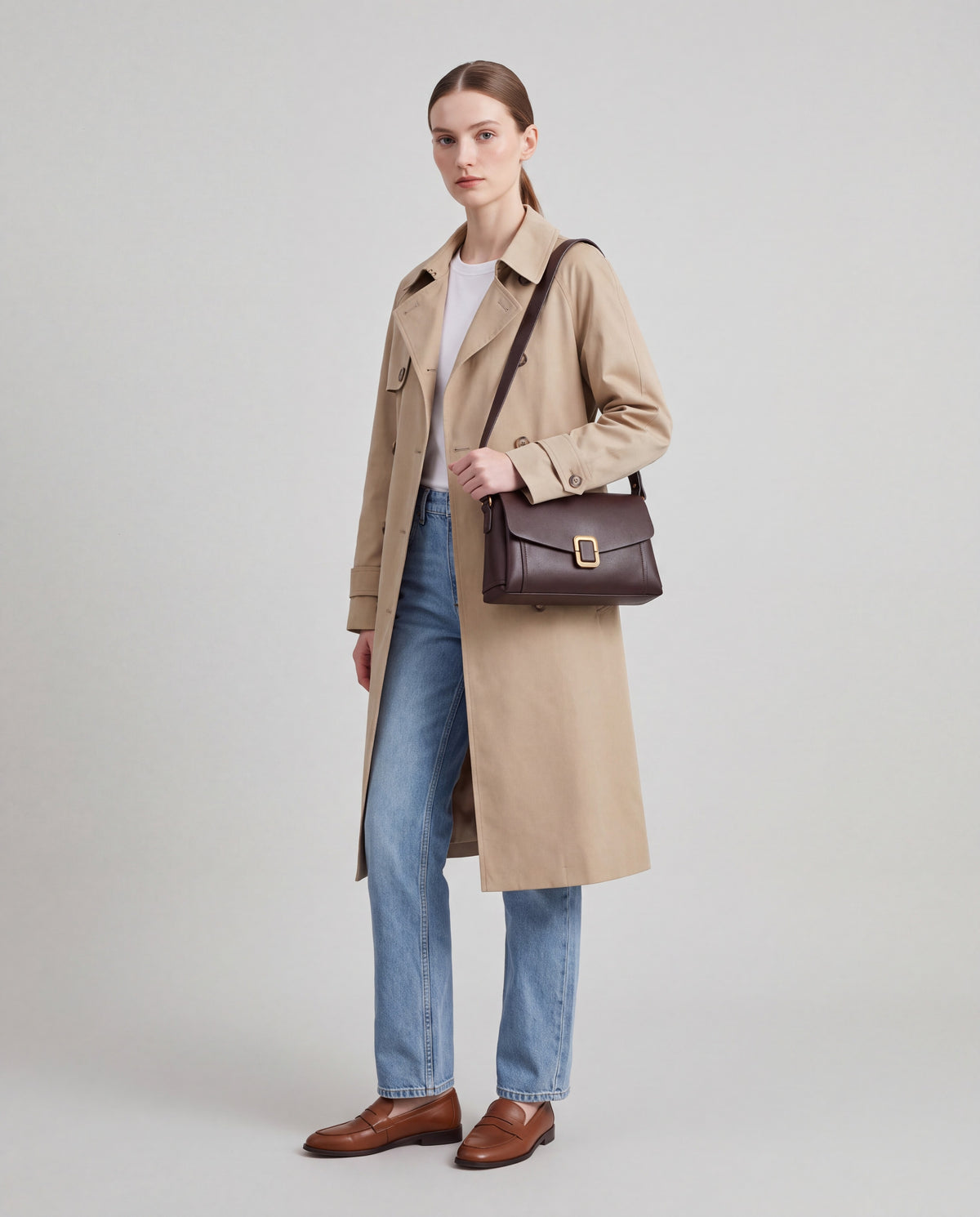 Creta bag in Espresso – worn by model, full length