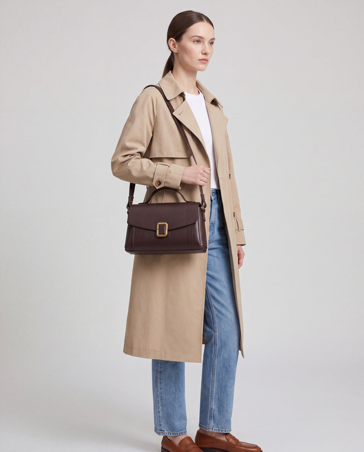 Creta bag in Espresso – worn by model, close-up