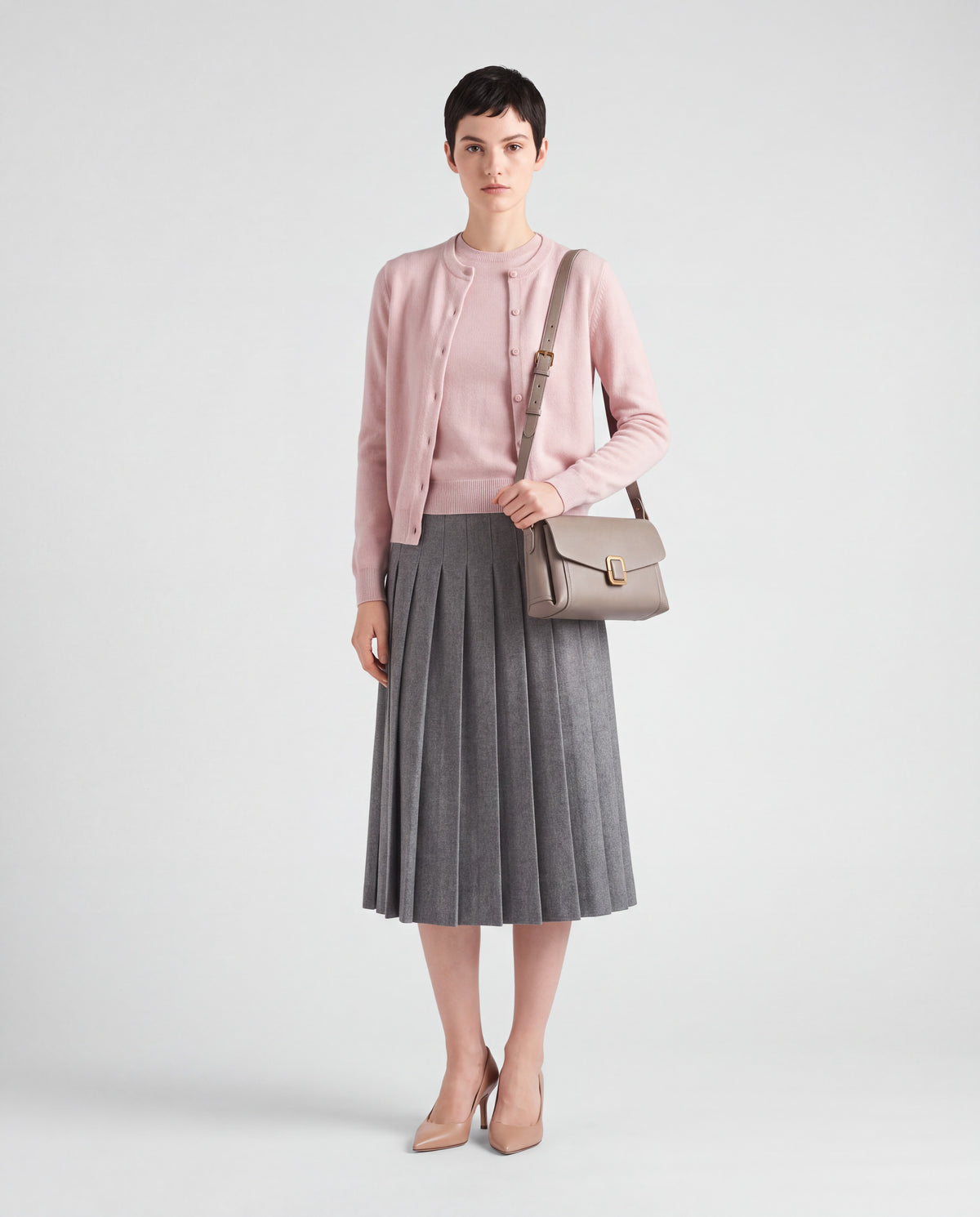 Creta bag in Stone – worn by model, full length