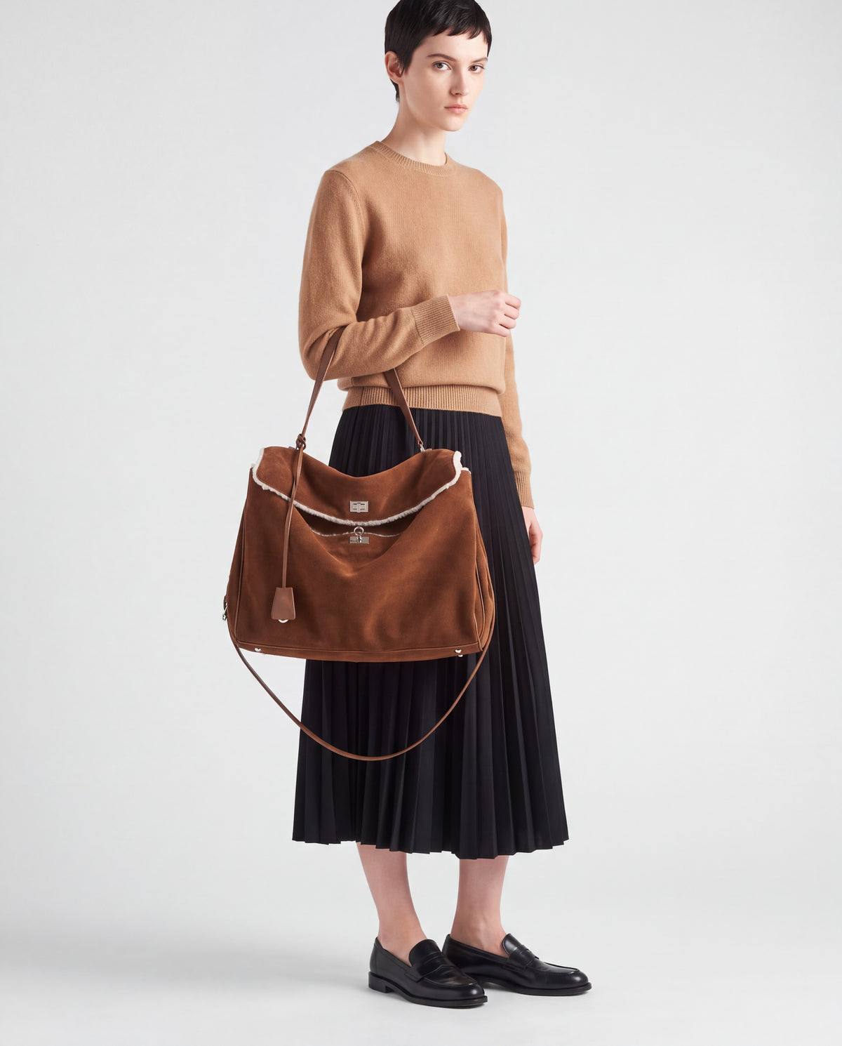 Dolce Small bag in Brown – worn by model, close-up