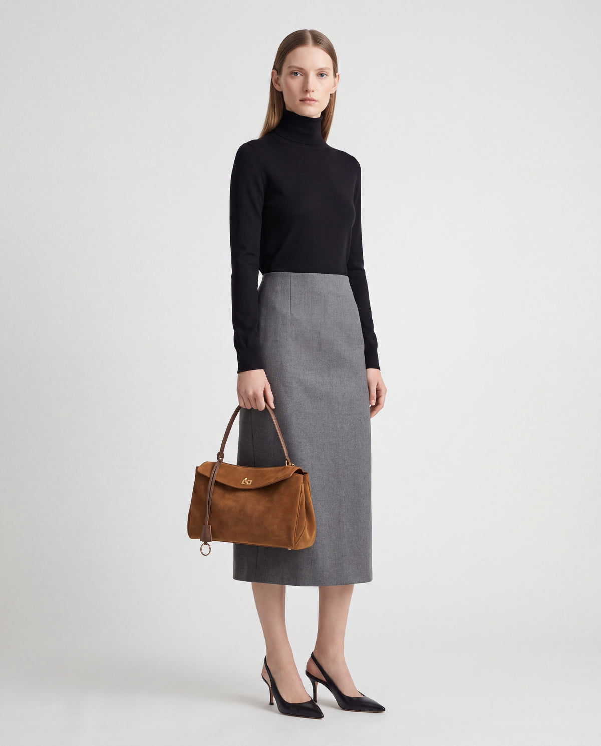Dolce Small bag in Camel – worn by model, full length