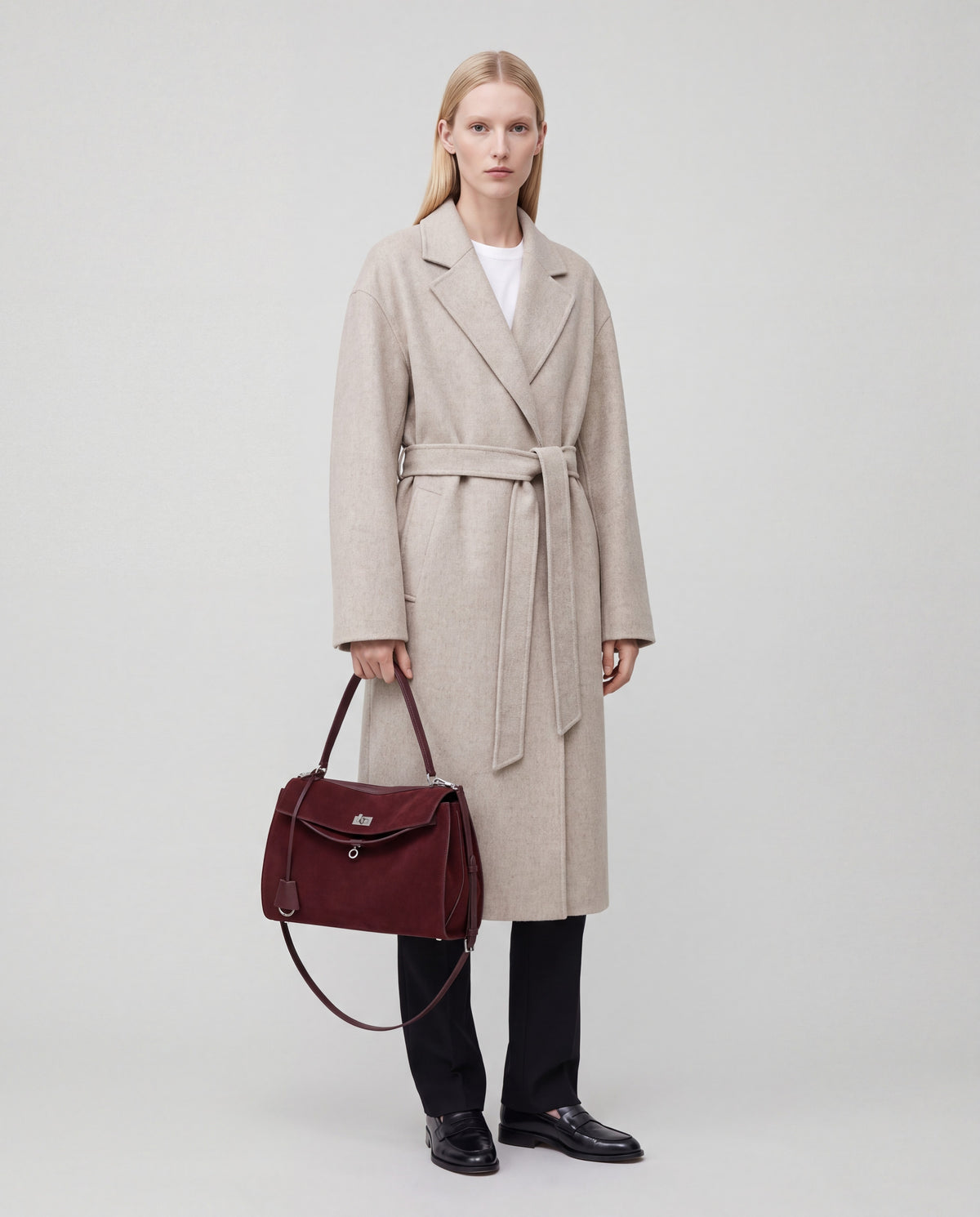 Dolce Large bag in Wine – worn by model, full length