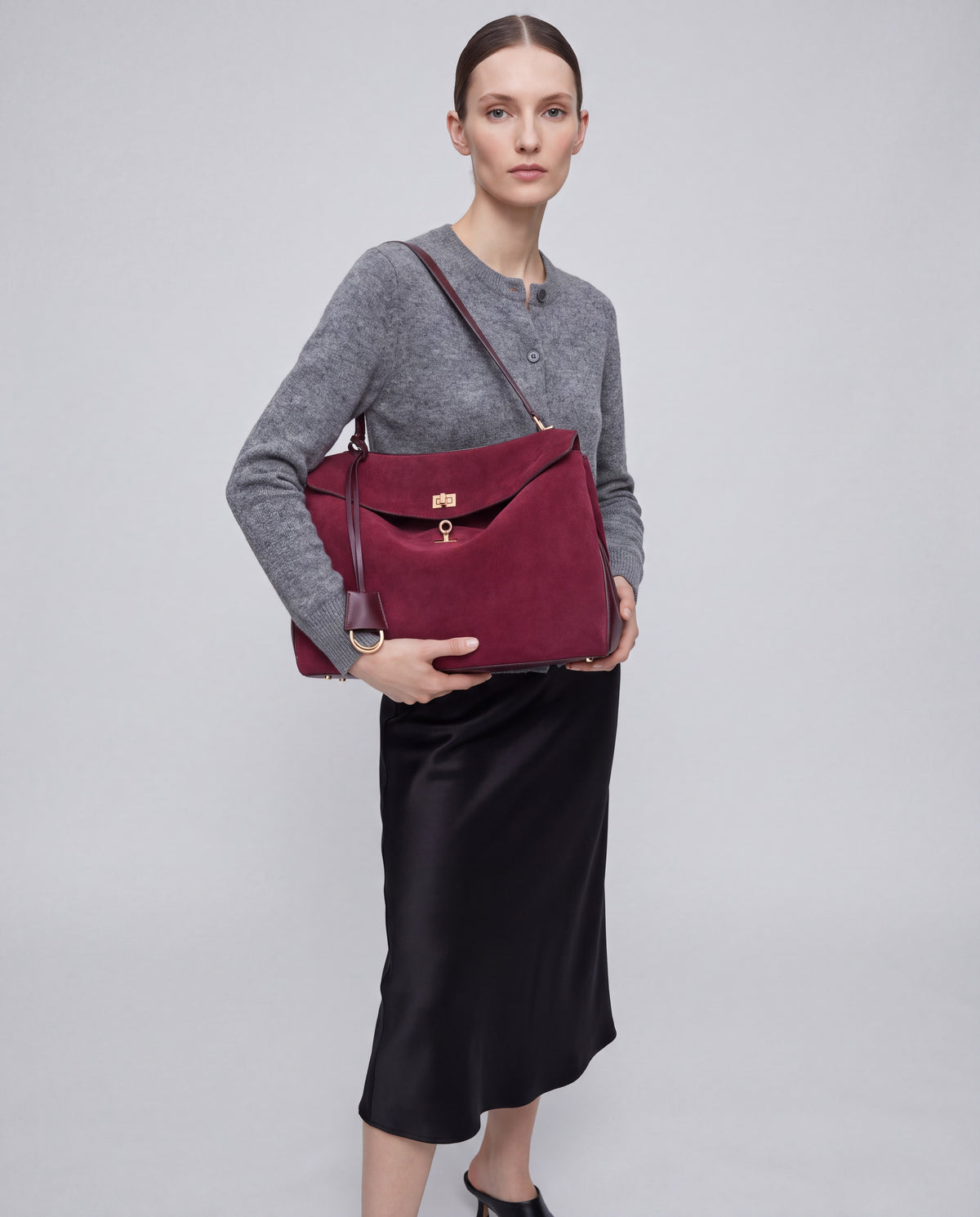 Dolce Medium bag in Burgundy – worn by model, close-up