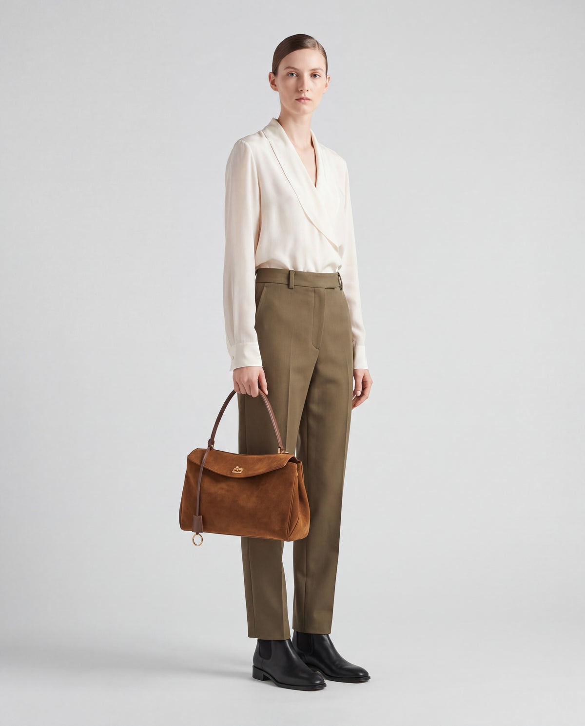 Dolce Medium bag in Camel – worn by model, full length