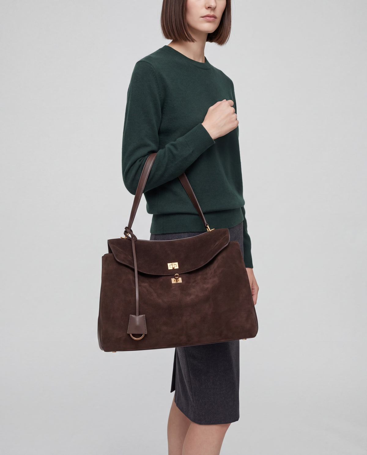 Dolce Medium bag in Chocolate – worn by model, close-up