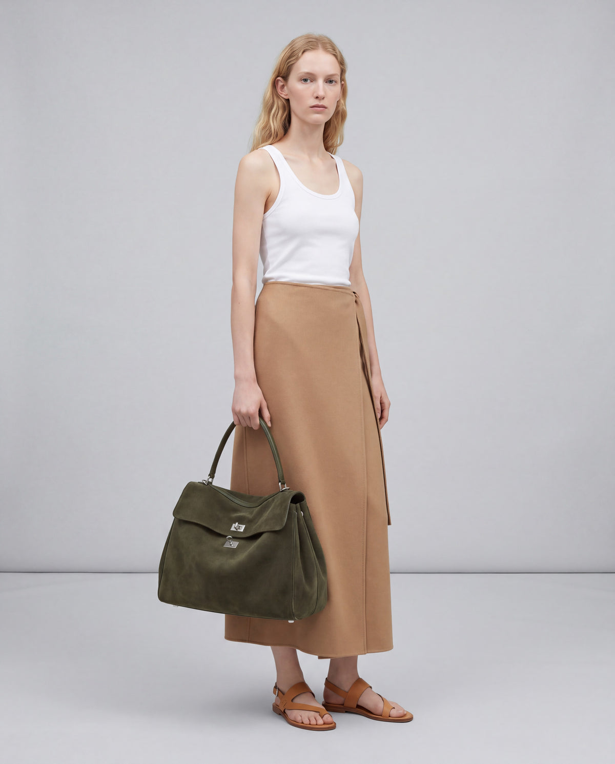 Dolce Medium bag in Forest – worn by model, full length