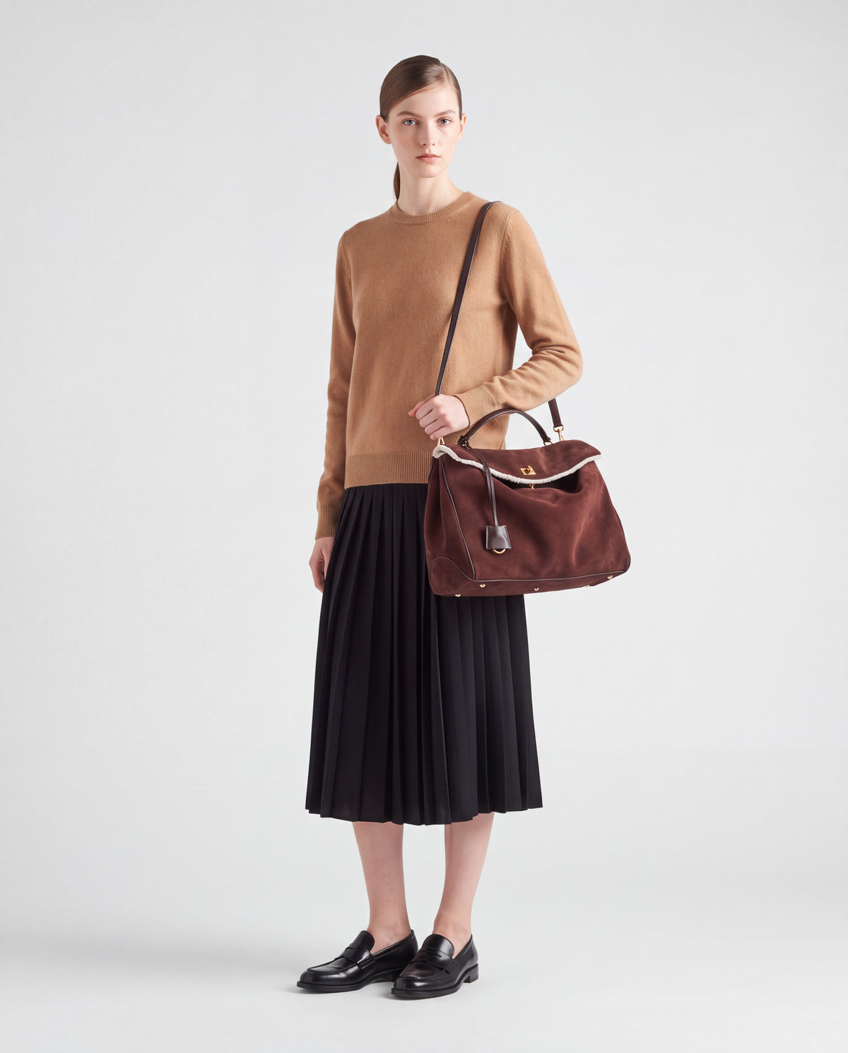 Dolce Medium bag in Mahogany – worn by model, full length