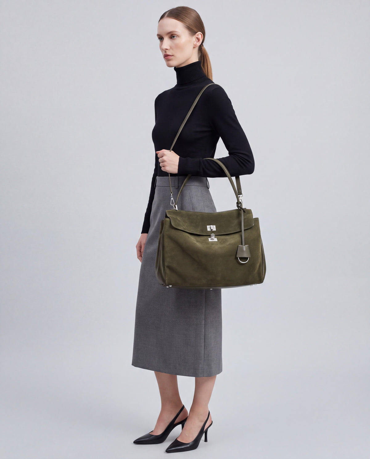 Dolce Medium bag in Olive – worn by model, close-up