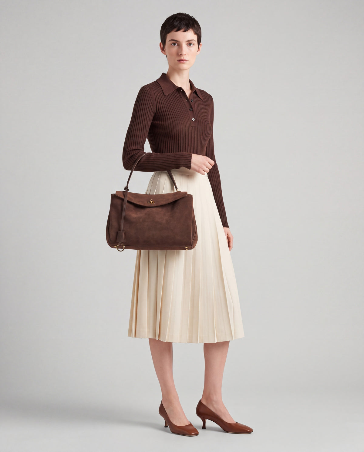 Dolce Small bag in Mocha – worn by model, close-up