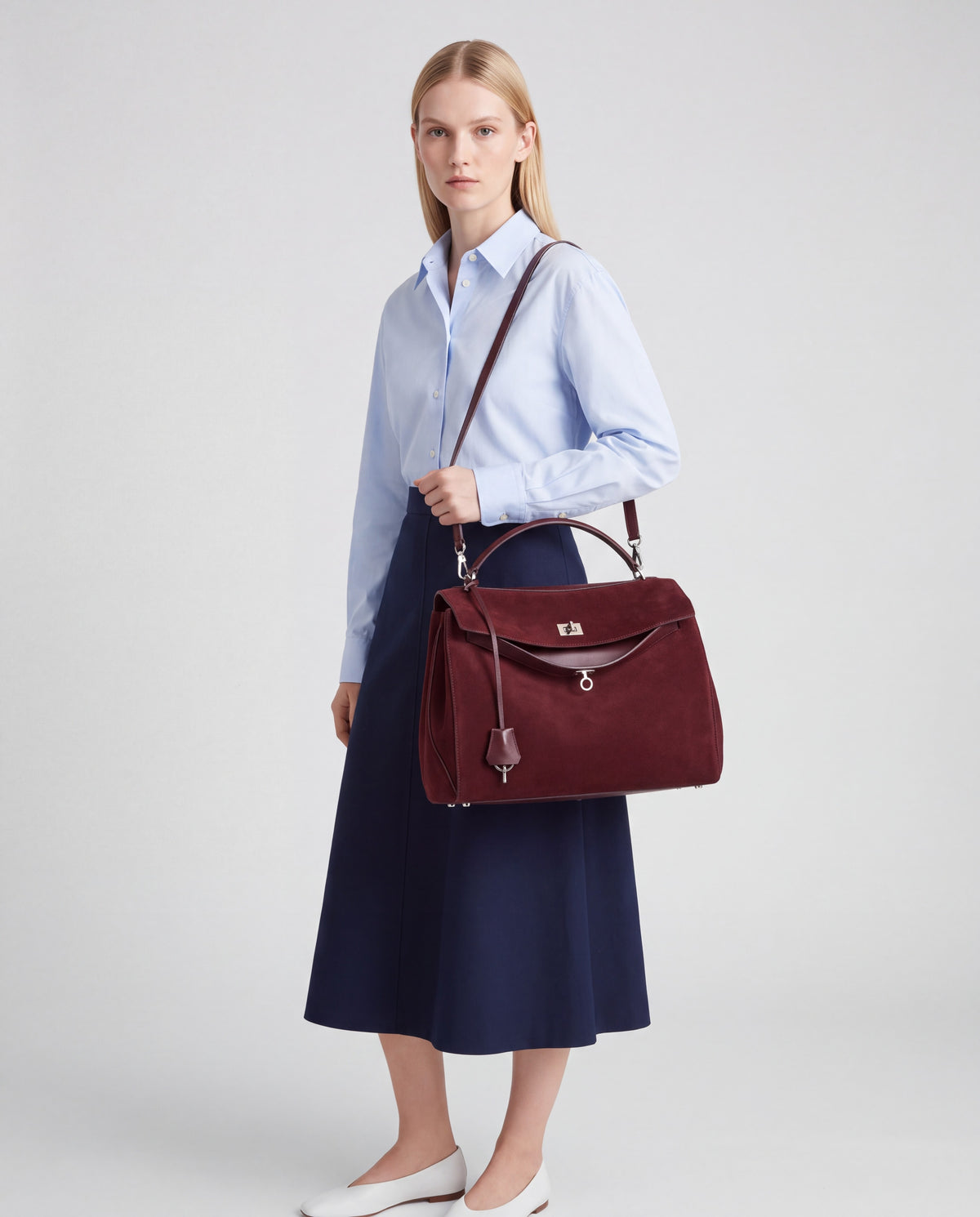 Dolce Small bag in Wine – worn by model, close-up