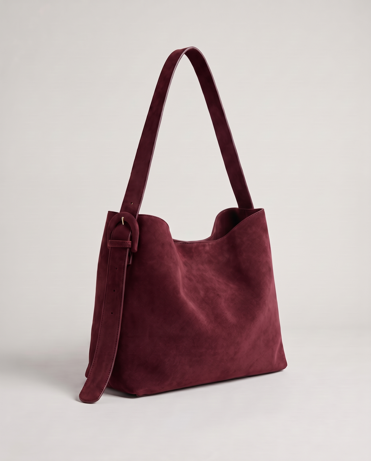 Elba suede tote in burgundy, three-quarter view