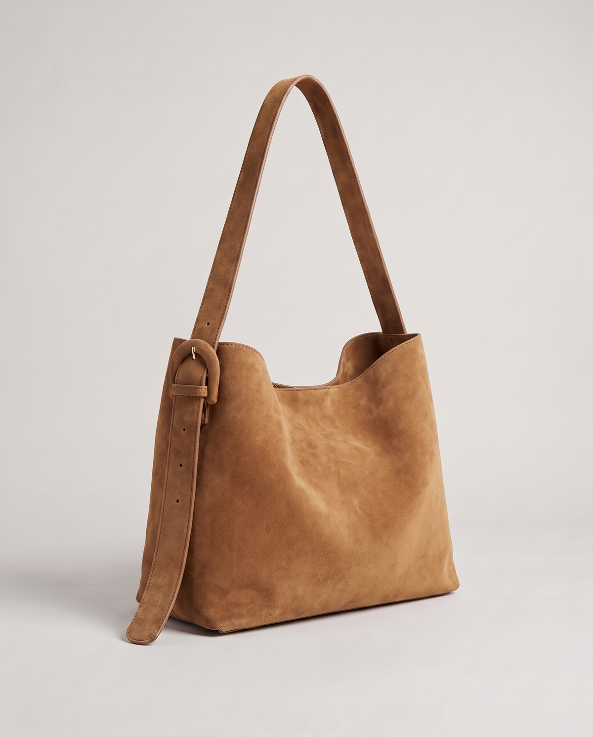 Elba suede tote in camel, three-quarter view