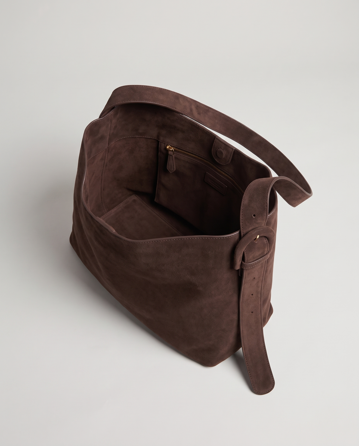 Elba suede tote in chocolate, open showing interior
