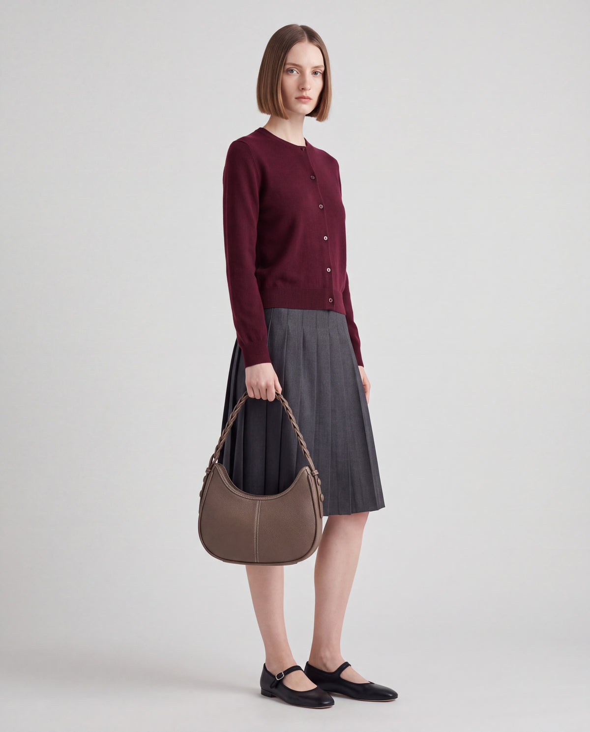 Everyday Shoulder Bag in Brown – worn by model, close-up
