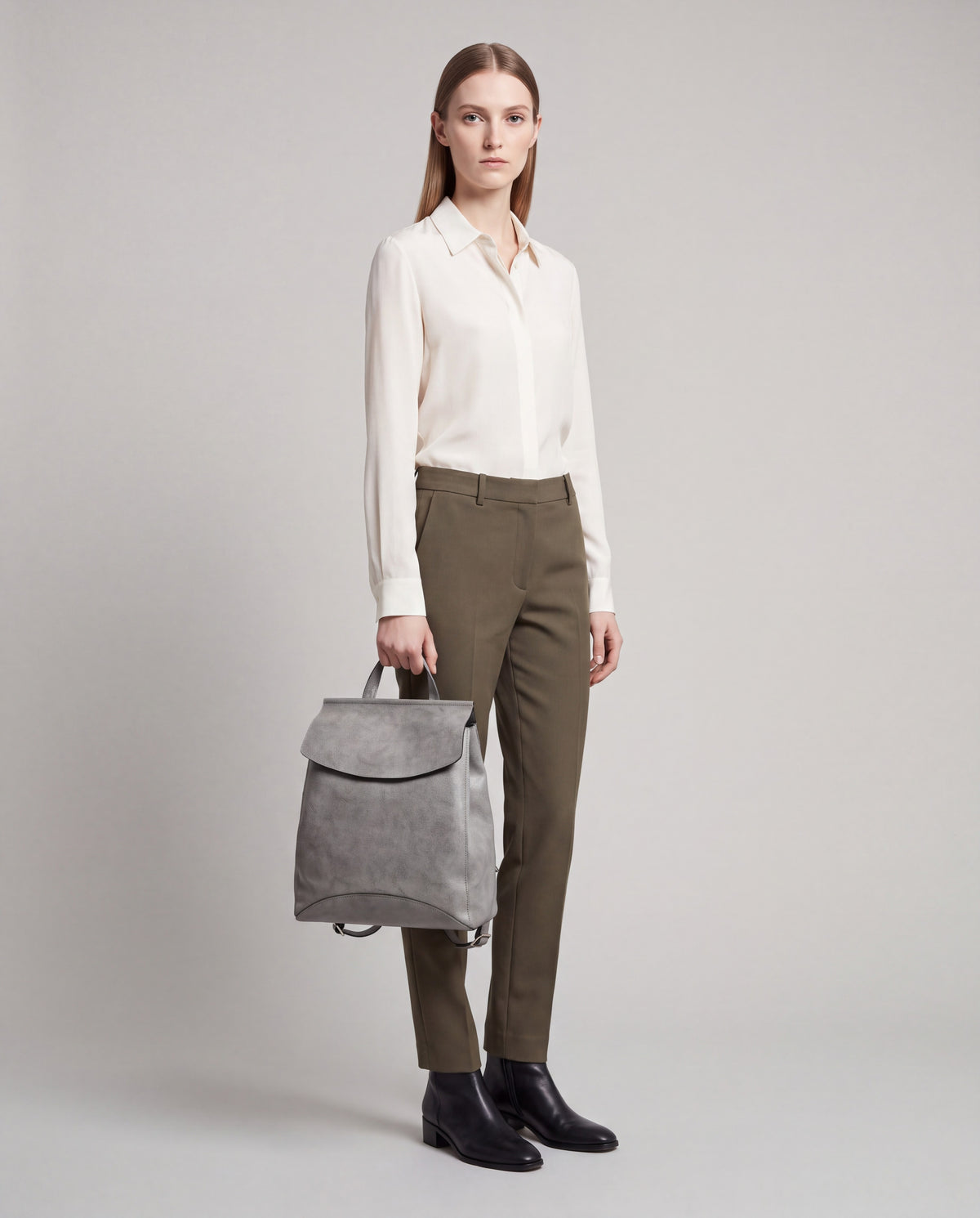 Forma bag in Grey – worn by model, full length