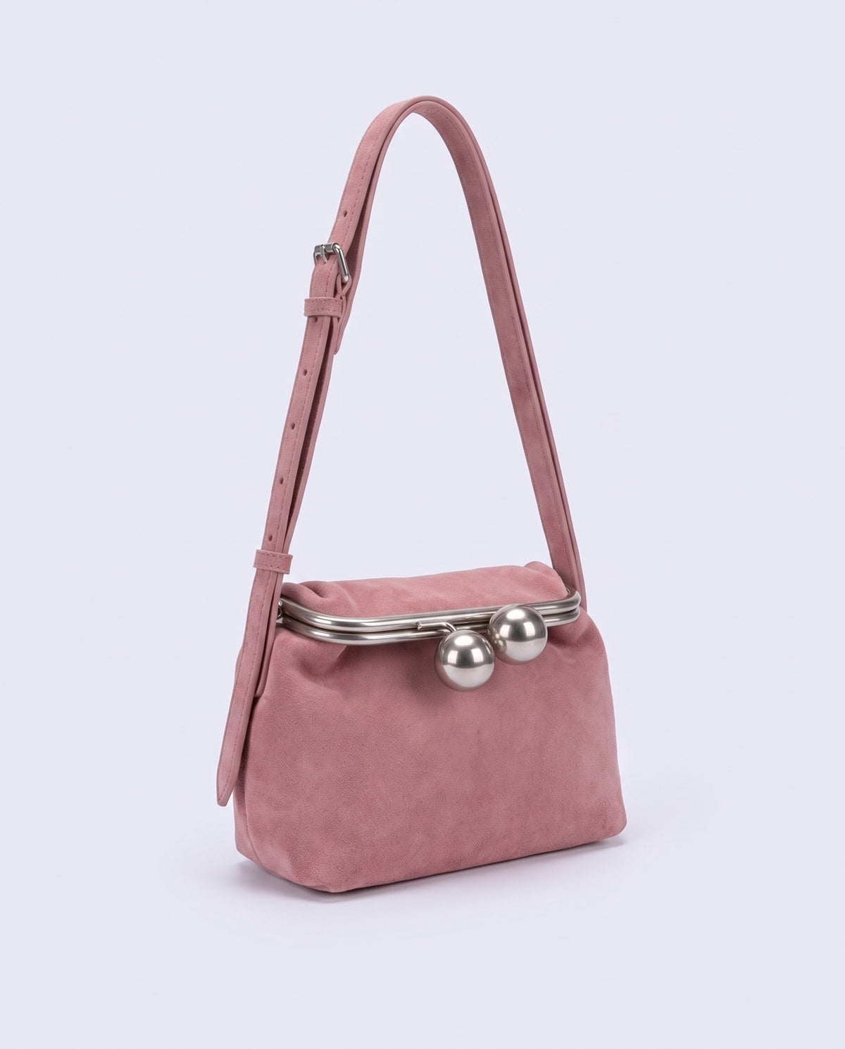 Garda suede frame bag in Rose – three-quarter view