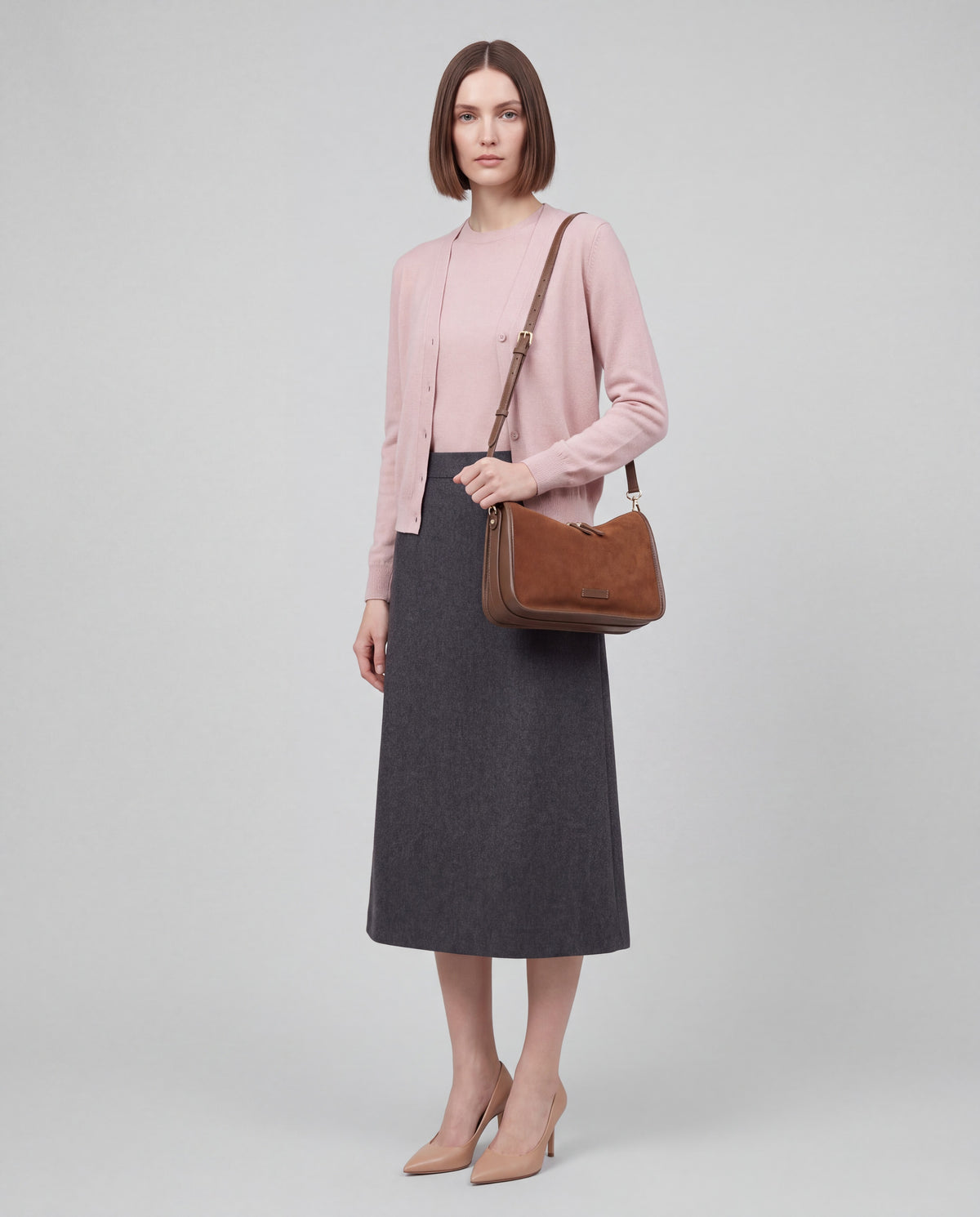Grano bag in Brown – worn by model, full length