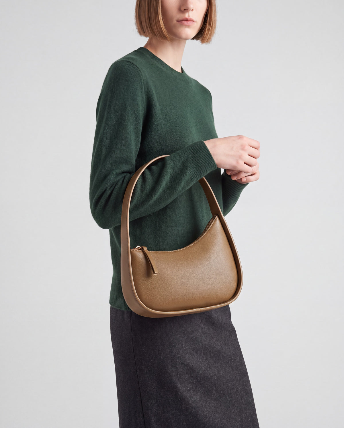 Muse bag in Brown – worn by model, close-up