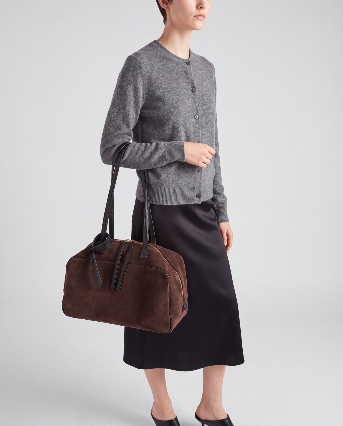 Haven bag in Chocolate – worn by model, close-up