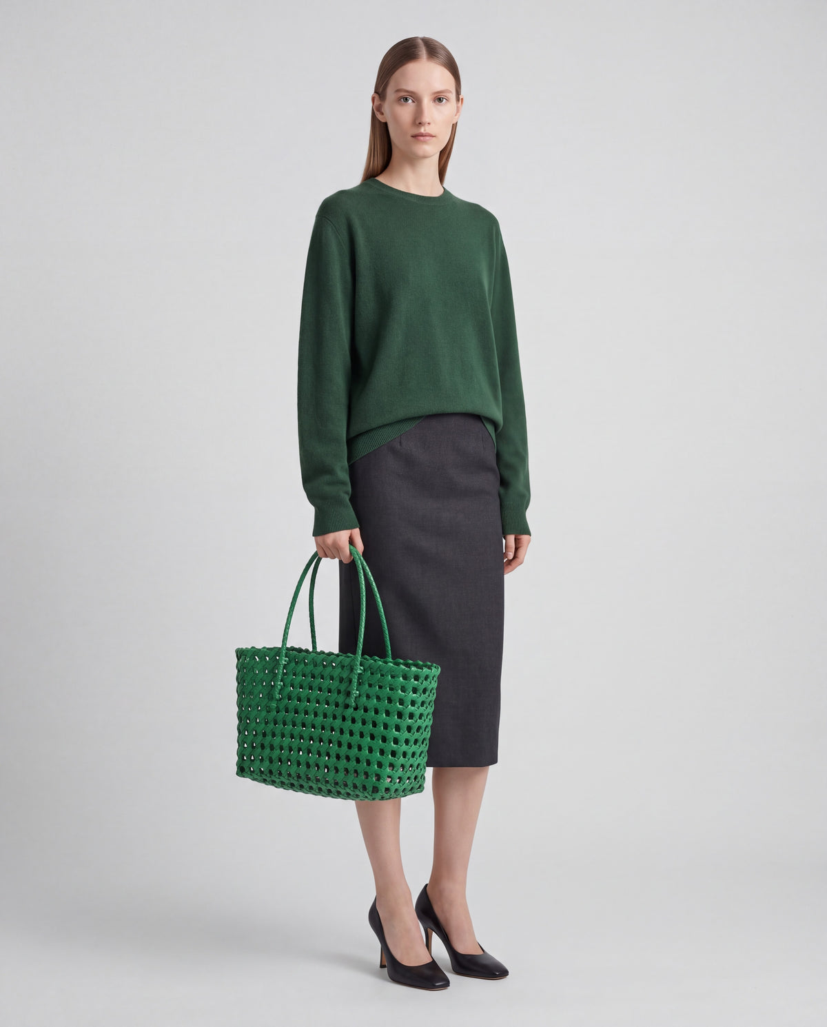 Lattice bag in Green – worn by model, full length