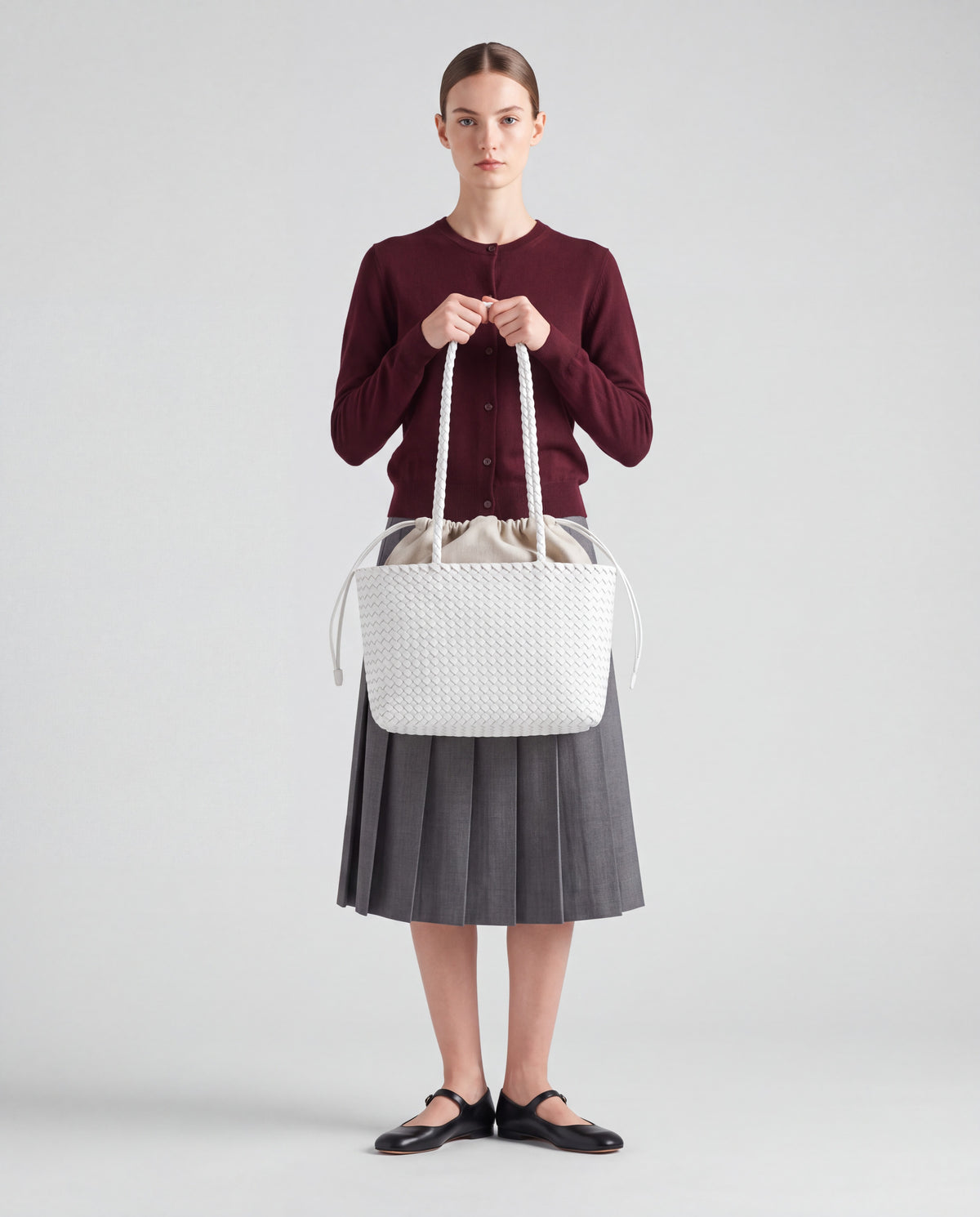 Lattice bag in White – worn by model, close-up