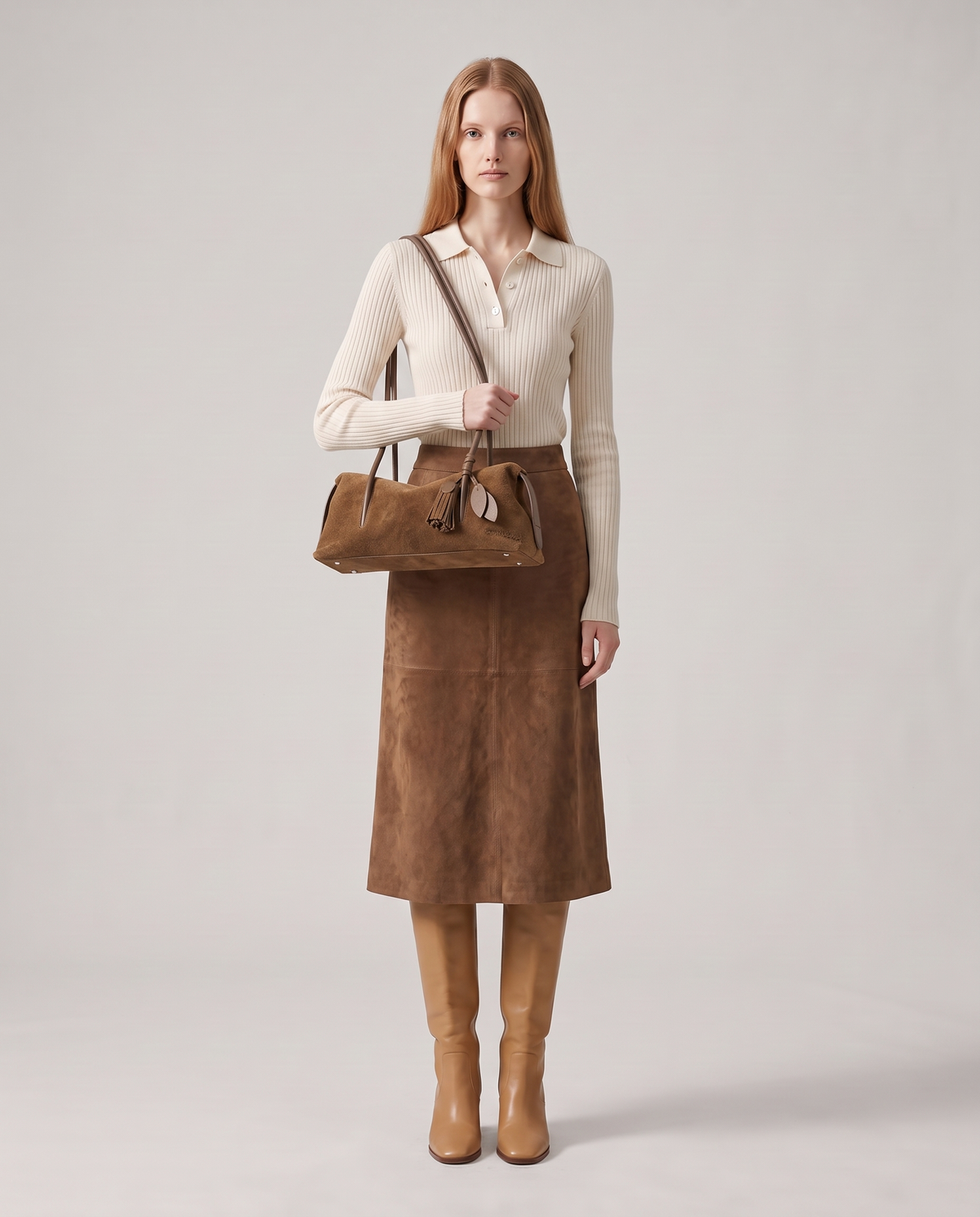 Model carrying the Isola suede shoulder bag in brown, full length