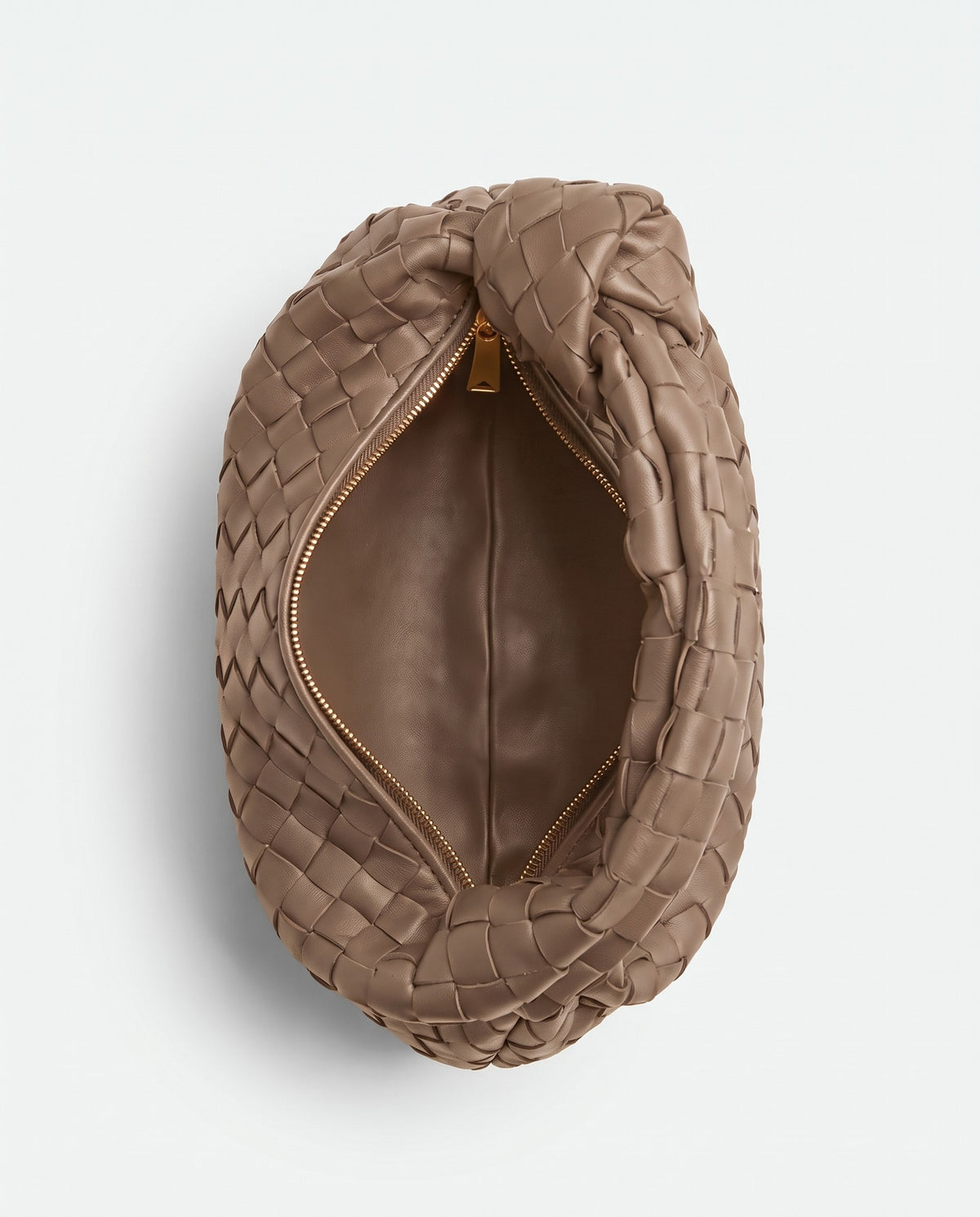 Knot Mini woven leather bag in Camel – inside view with the zip open