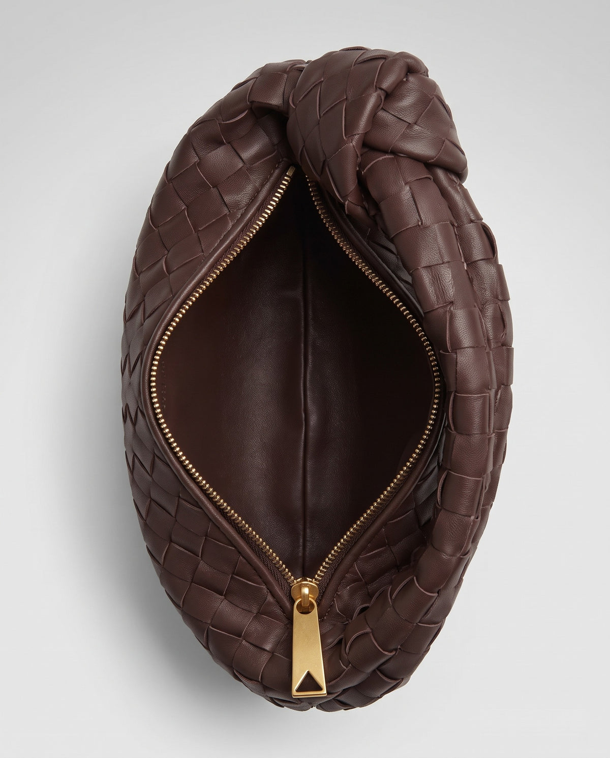 Knot Small woven leather bag in Espresso – inside view showing the lining and zip