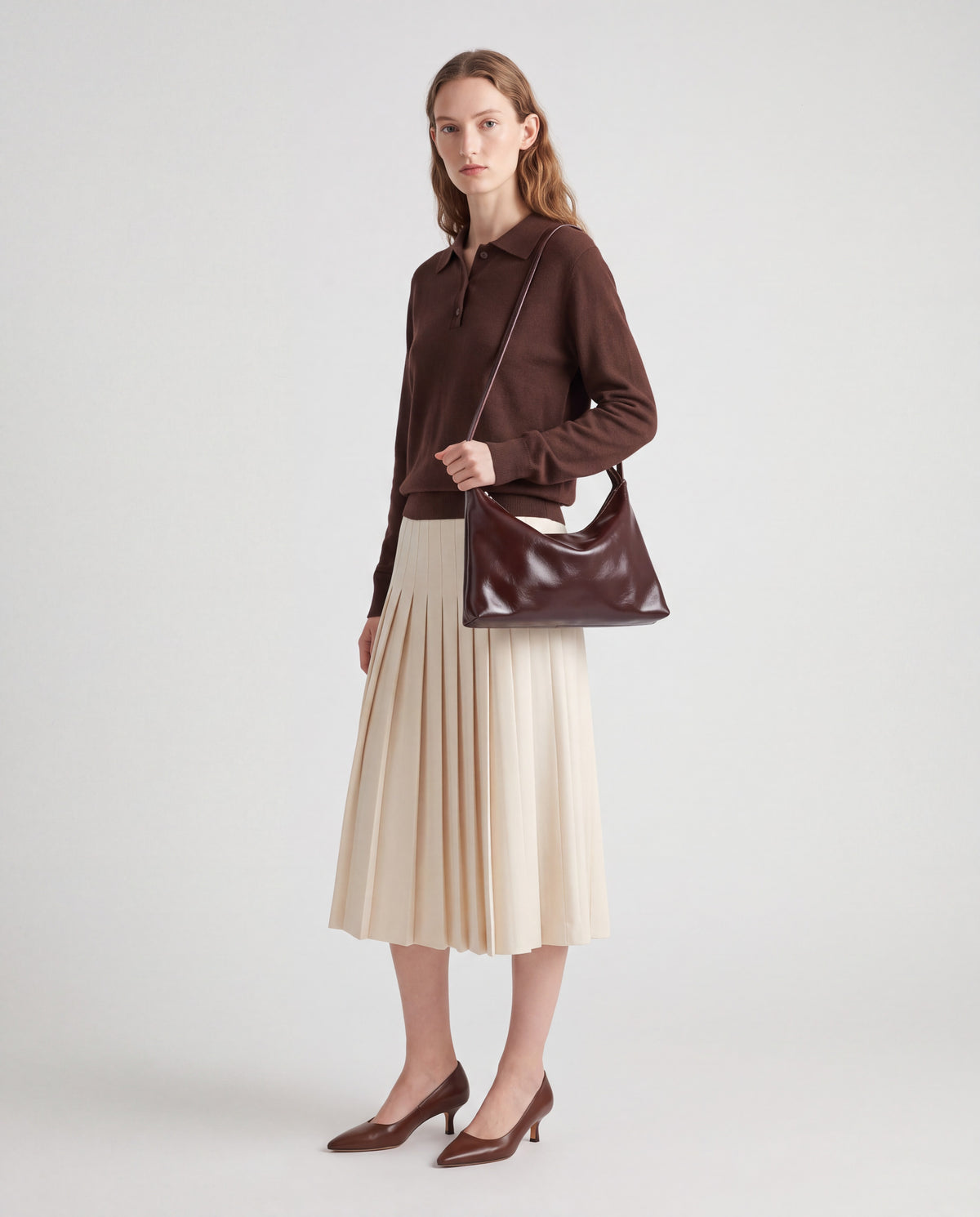 Lana bag in Chocolate – worn by model, full length