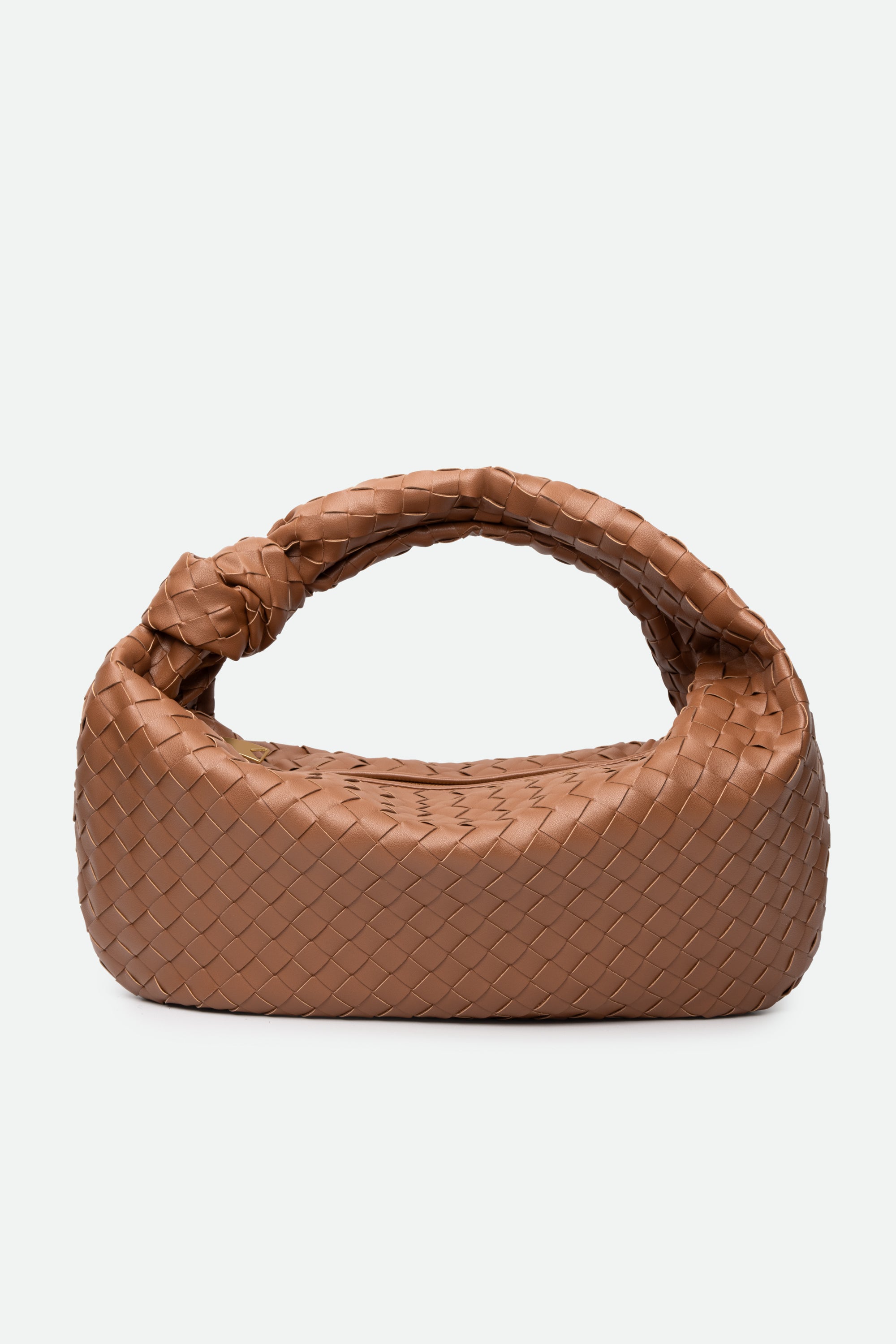Large Knot Bag (Jodie) brown woven handbag with a knotted handle on a white background