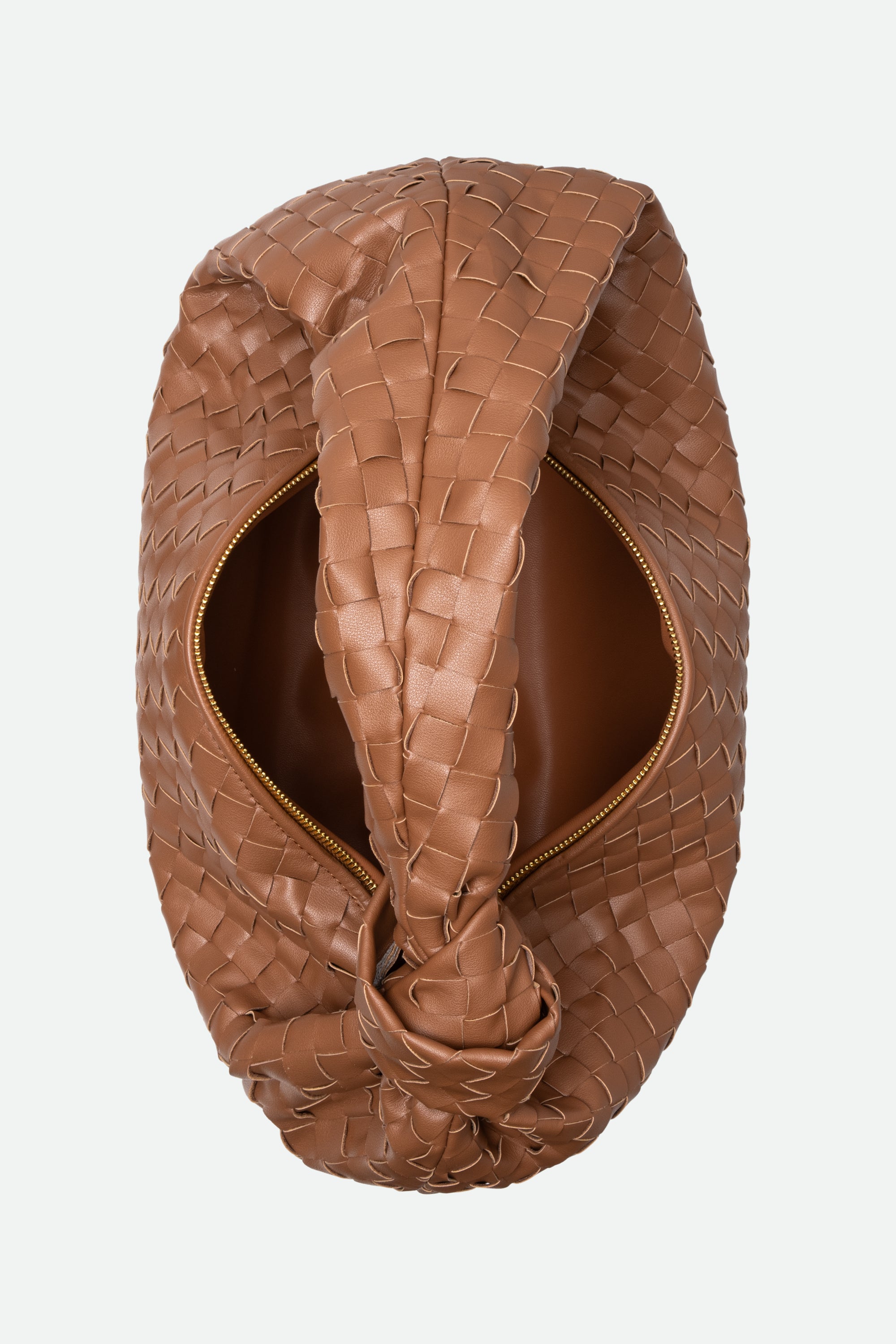 Top view of Large Knot Bag (Jodie) brown woven handbag showing open zipper and interior.