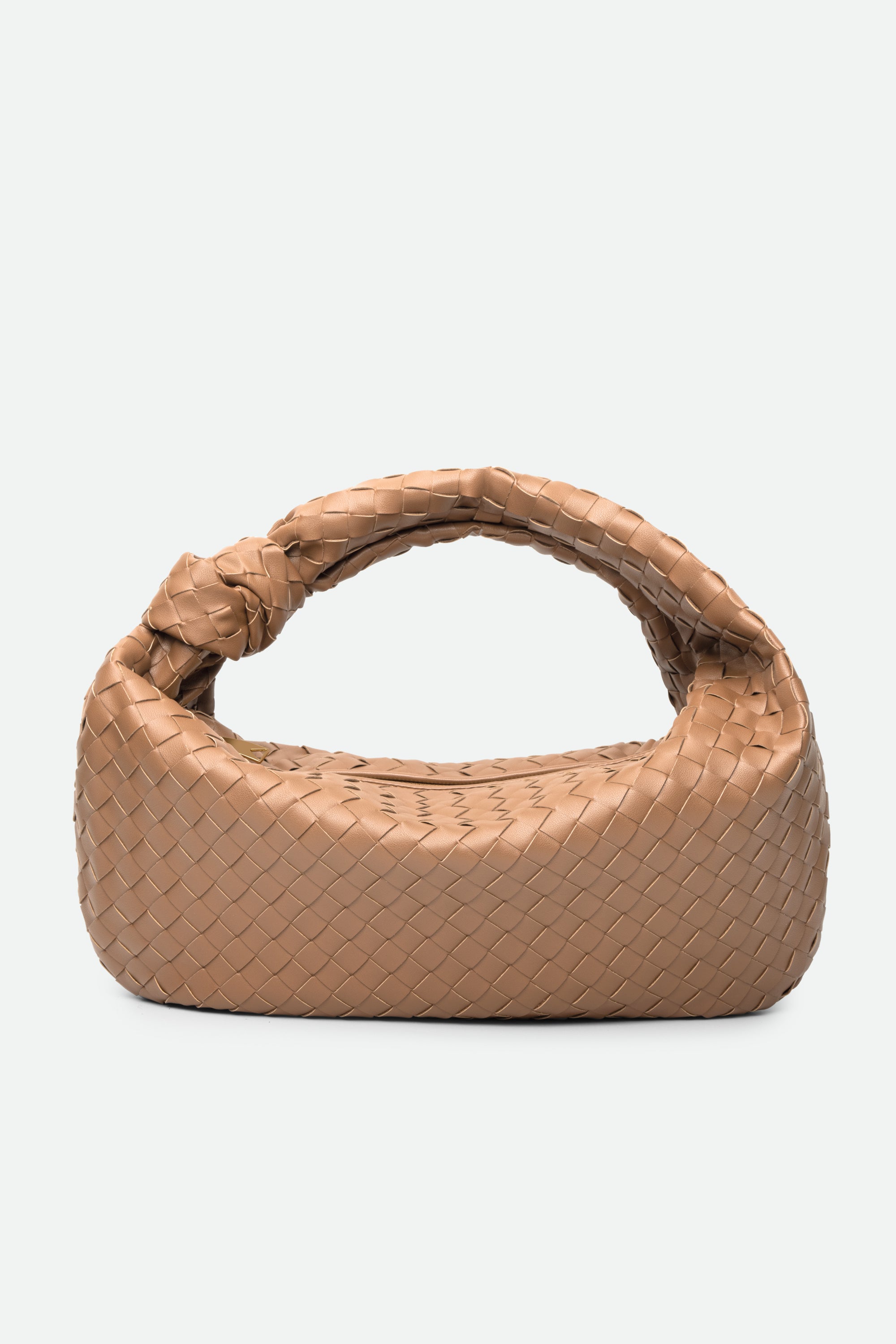 Light brown Large Knot Bag (Jodie) woven handbag with a knotted handle on white background.