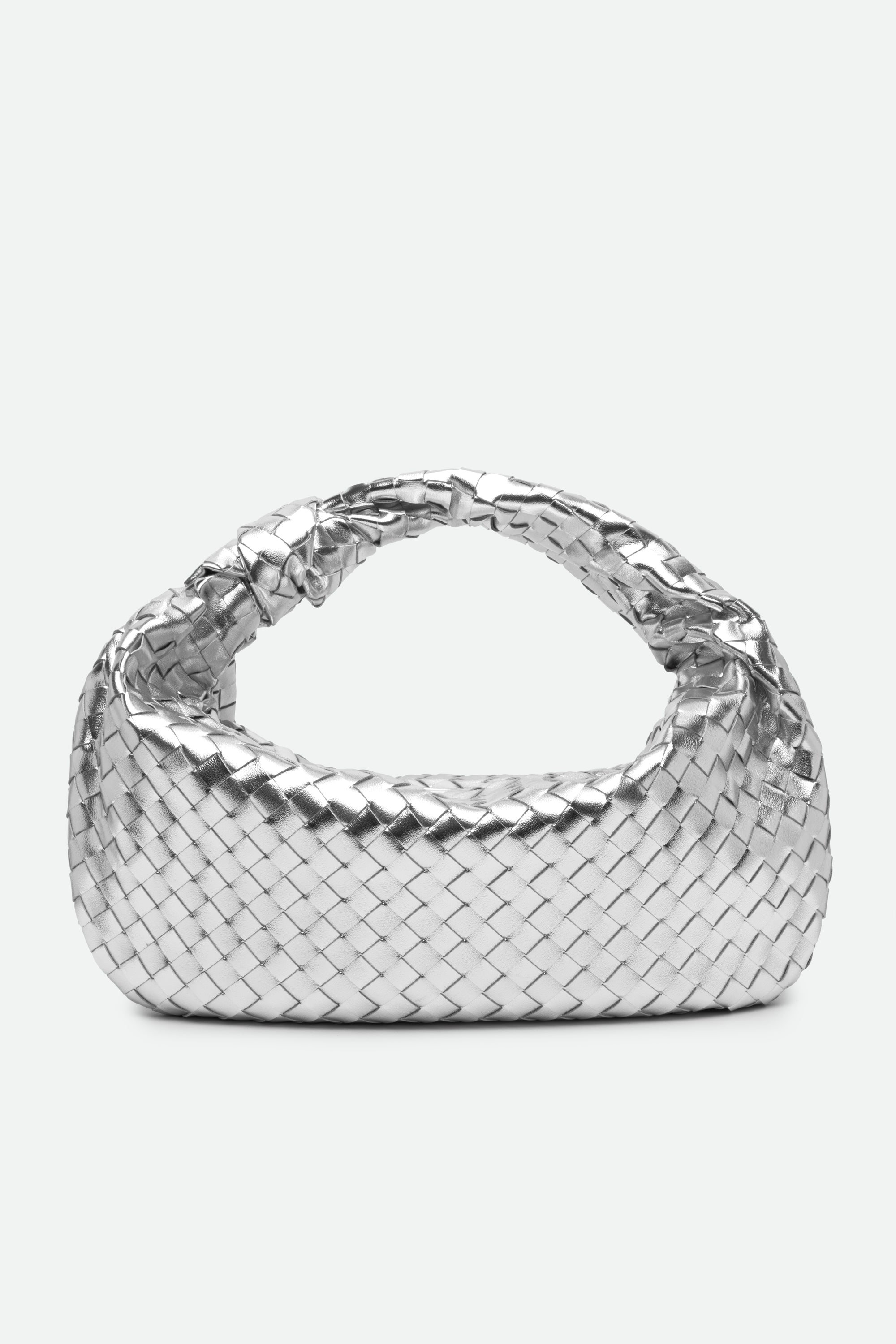 Large Knot Bag (Jodie) silver woven handbag with a knotted handle on a white background.