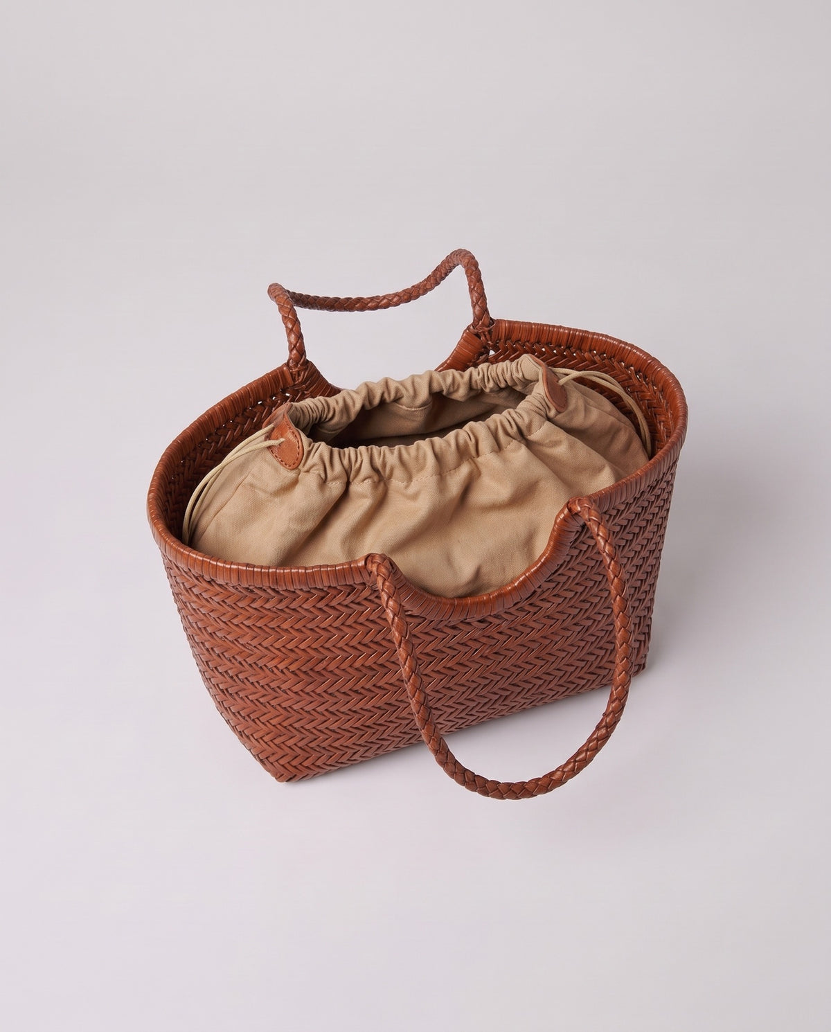 Inside the Valentina Lecce bag in Cognac