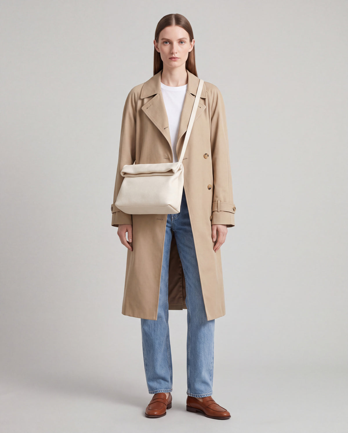 Lido bag in Ivory – worn by model, full length