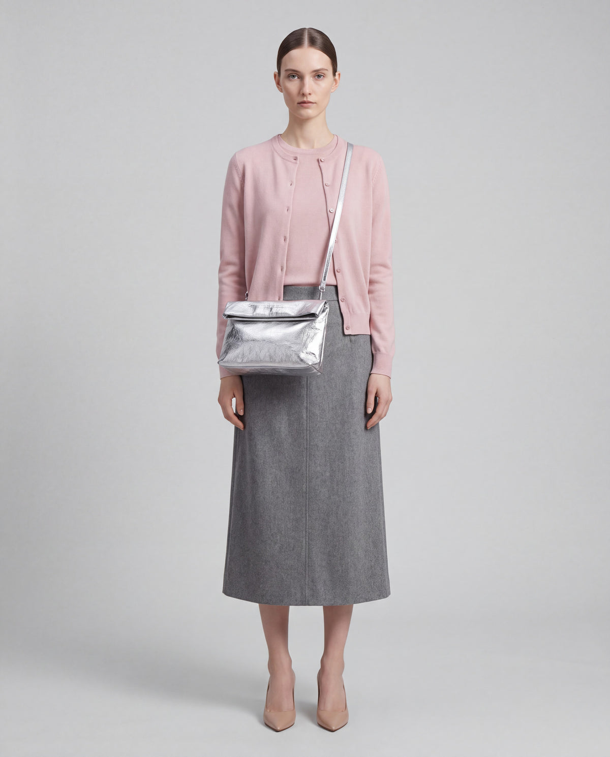 Lido bag in Silver – worn by model, full length