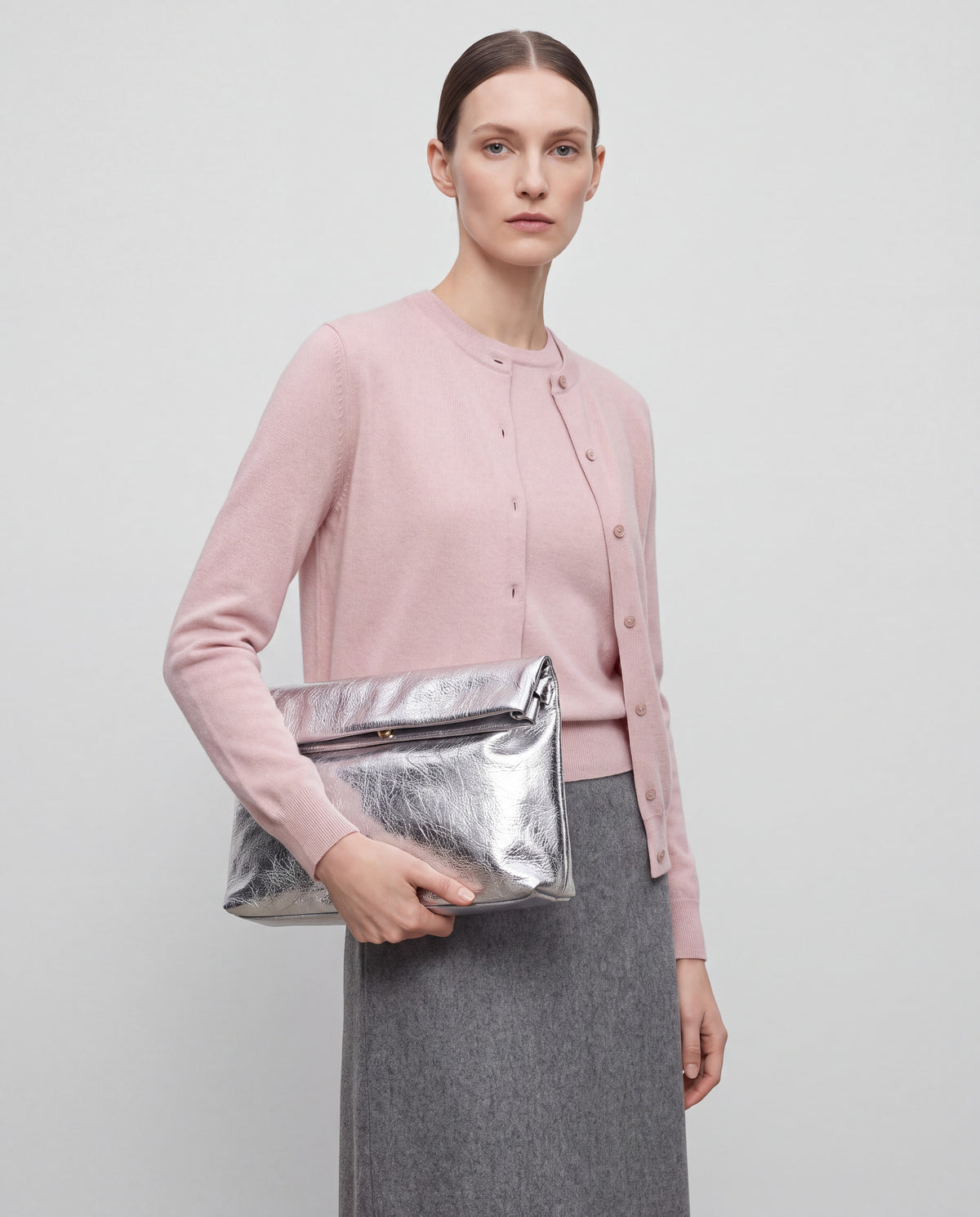 Lido bag in Silver – worn by model, close-up