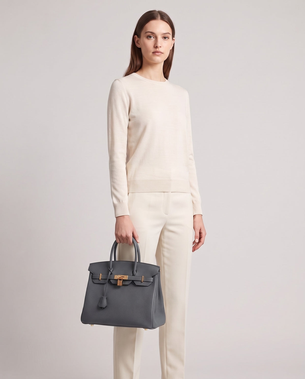 Lock Medium leather top-handle bag in Charcoal – model holding it, full length